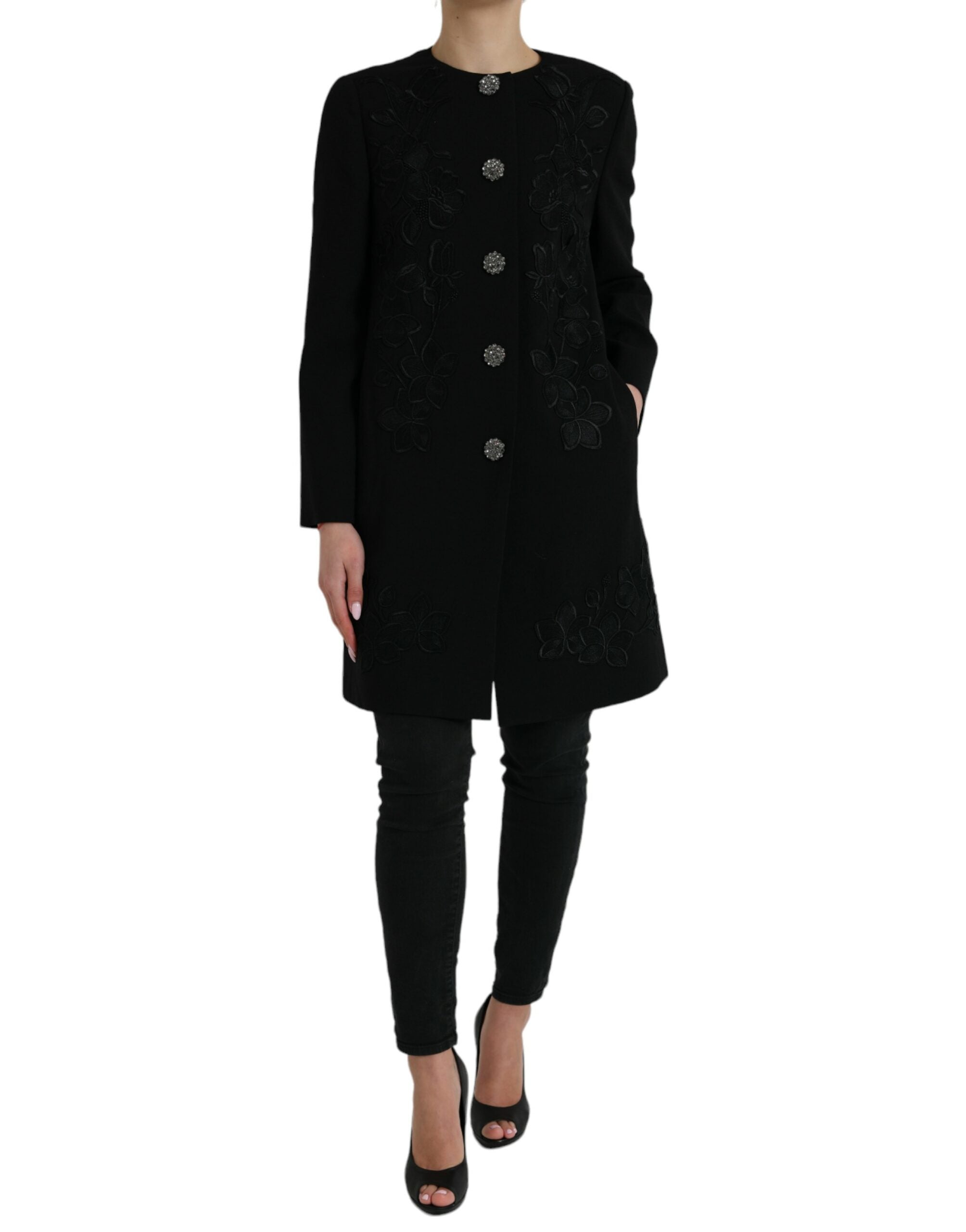Dolce & Gabbana Schwarze Jacke aus Wolle mit Blumenmuster und Knöpfen