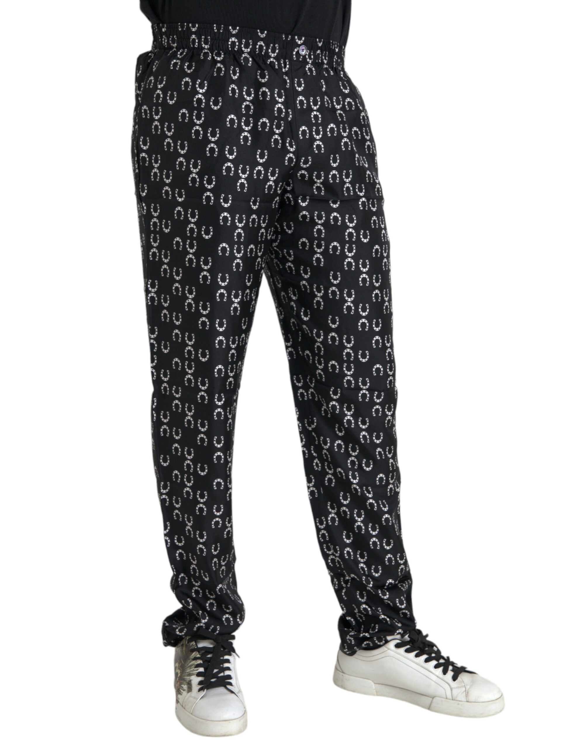 Dolce & Gabbana Schwarze Seidenhose mit Hufeisenmuster