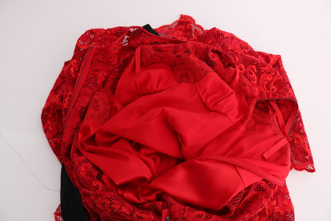 Dolce & Gabbana Rotes geblümtes langes Ricamo Etuikleid