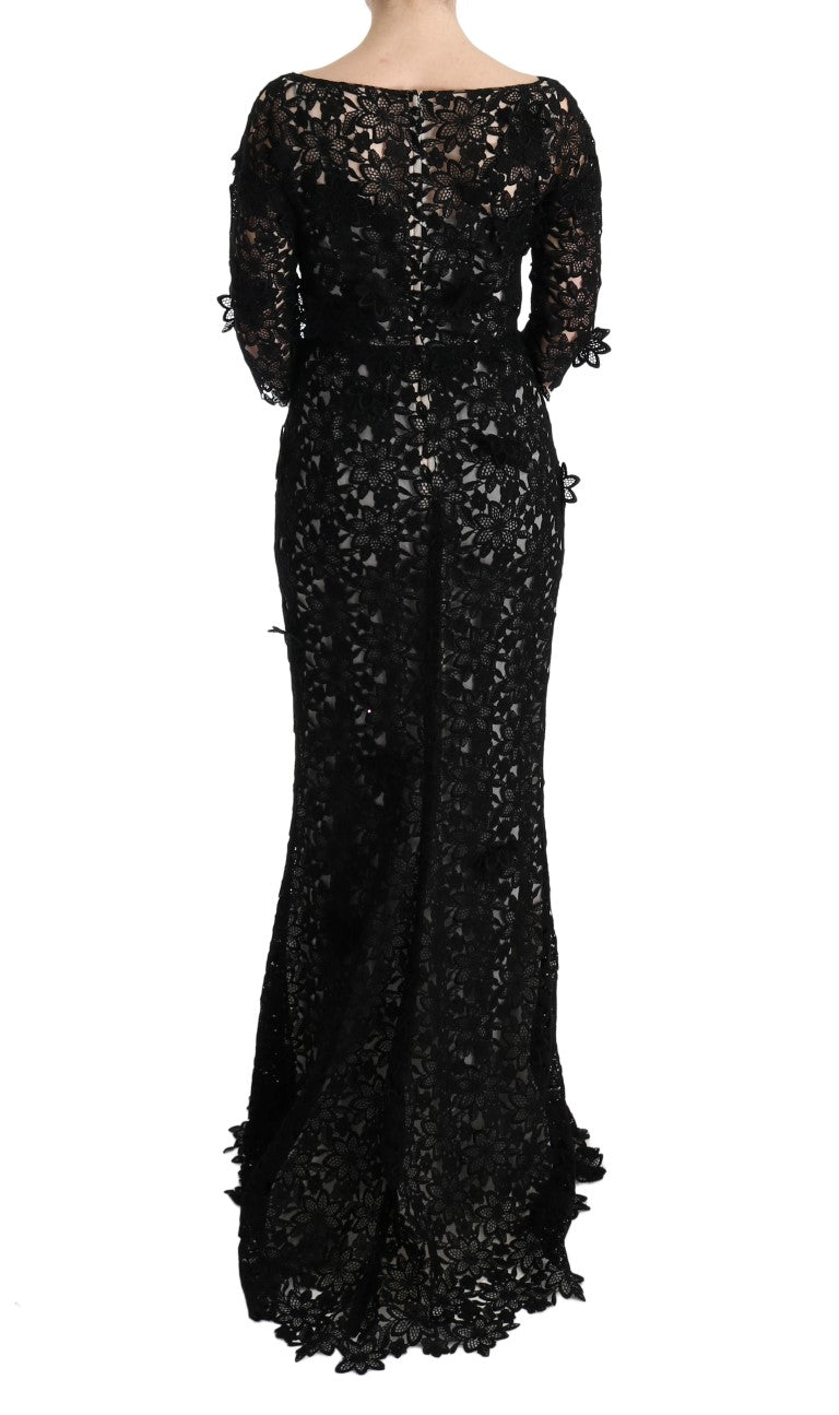 Dolce & Gabbana Schwarzes geblümtes langes Kleid aus Baumwollseide