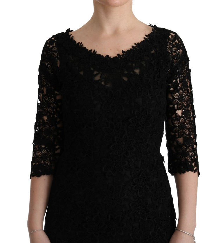Dolce & Gabbana Schwarzes geblümtes langes Ricamo Etuikleid