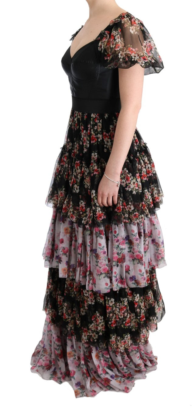 Dolce & Gabbana Multicolor Seiden Stretch Floral Shift Langes Kleid