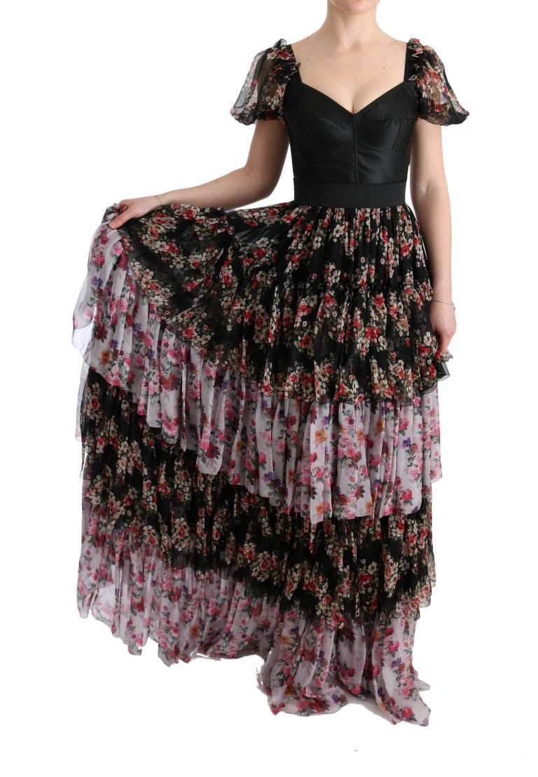 Dolce & Gabbana Multicolor Seiden Stretch Floral Shift Langes Kleid