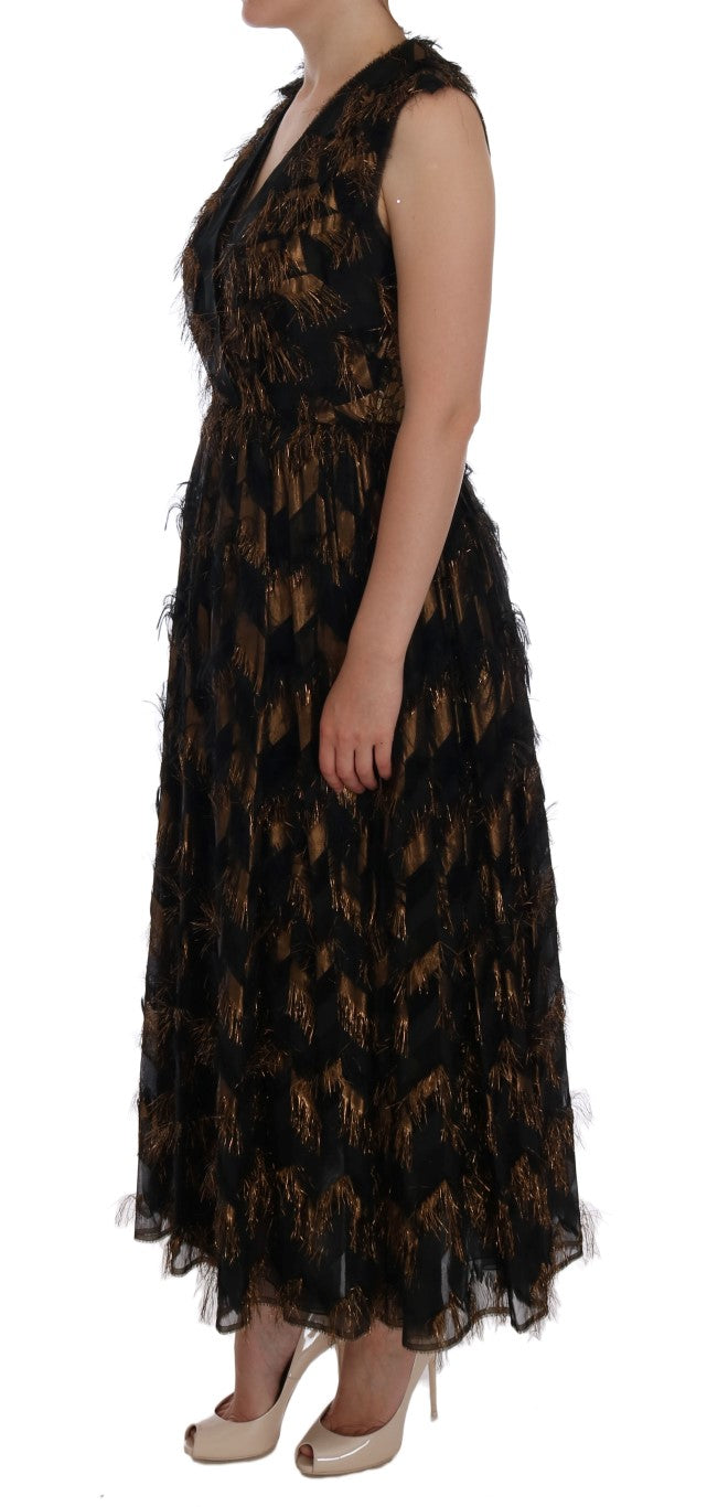 Dolce & Gabbana Schwarzes Seidenkleid mit braunen Fransen in A-Linie