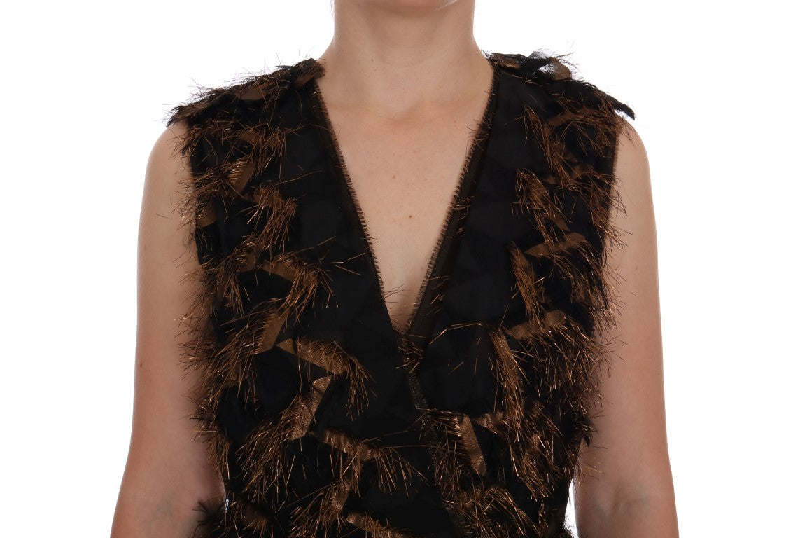 Dolce & Gabbana Schwarzes Seidenkleid mit braunen Fransen in A-Linie