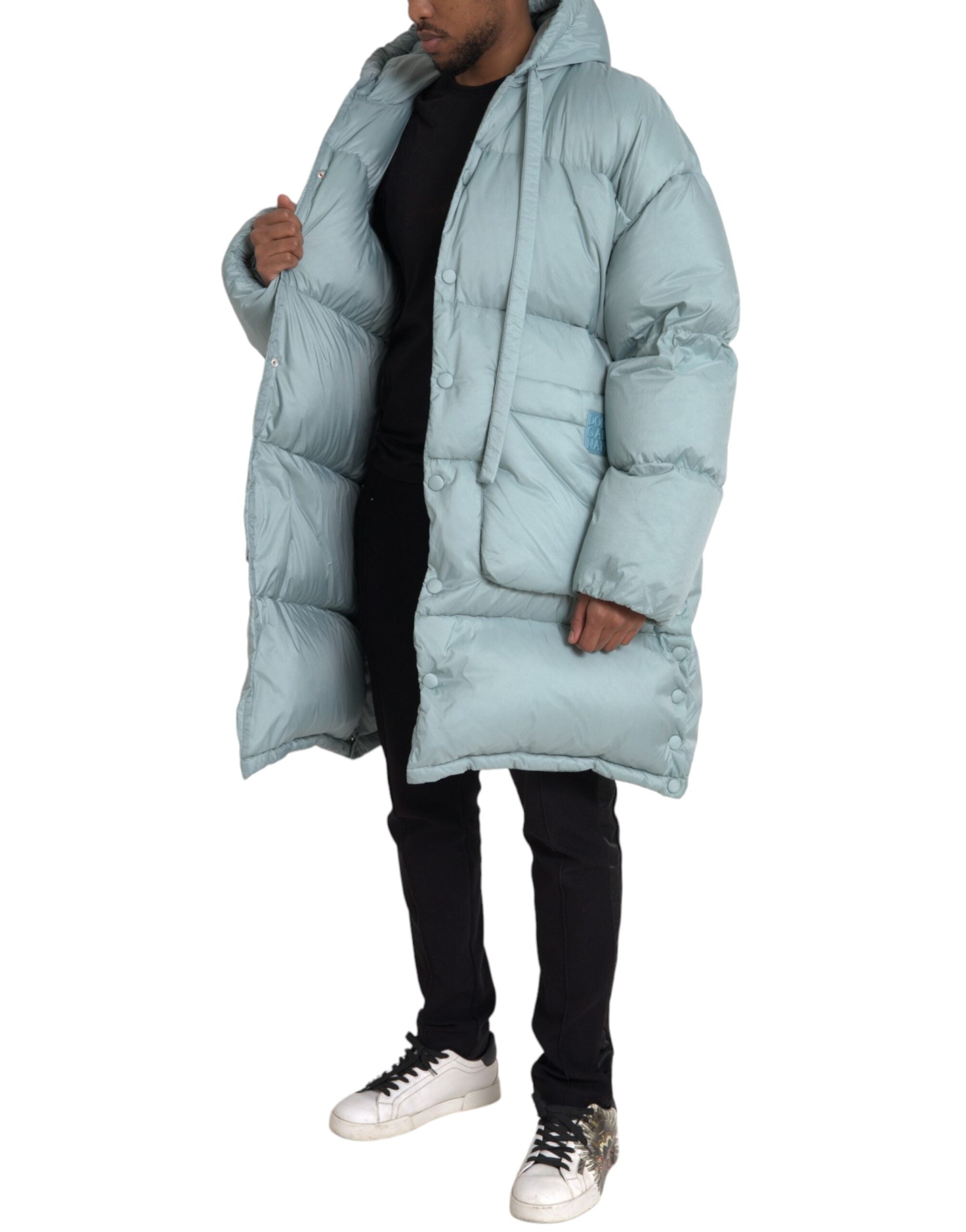 Dolce & Gabbana Hellblaue gesteppte Kapuzen-Pufferjacke Männer