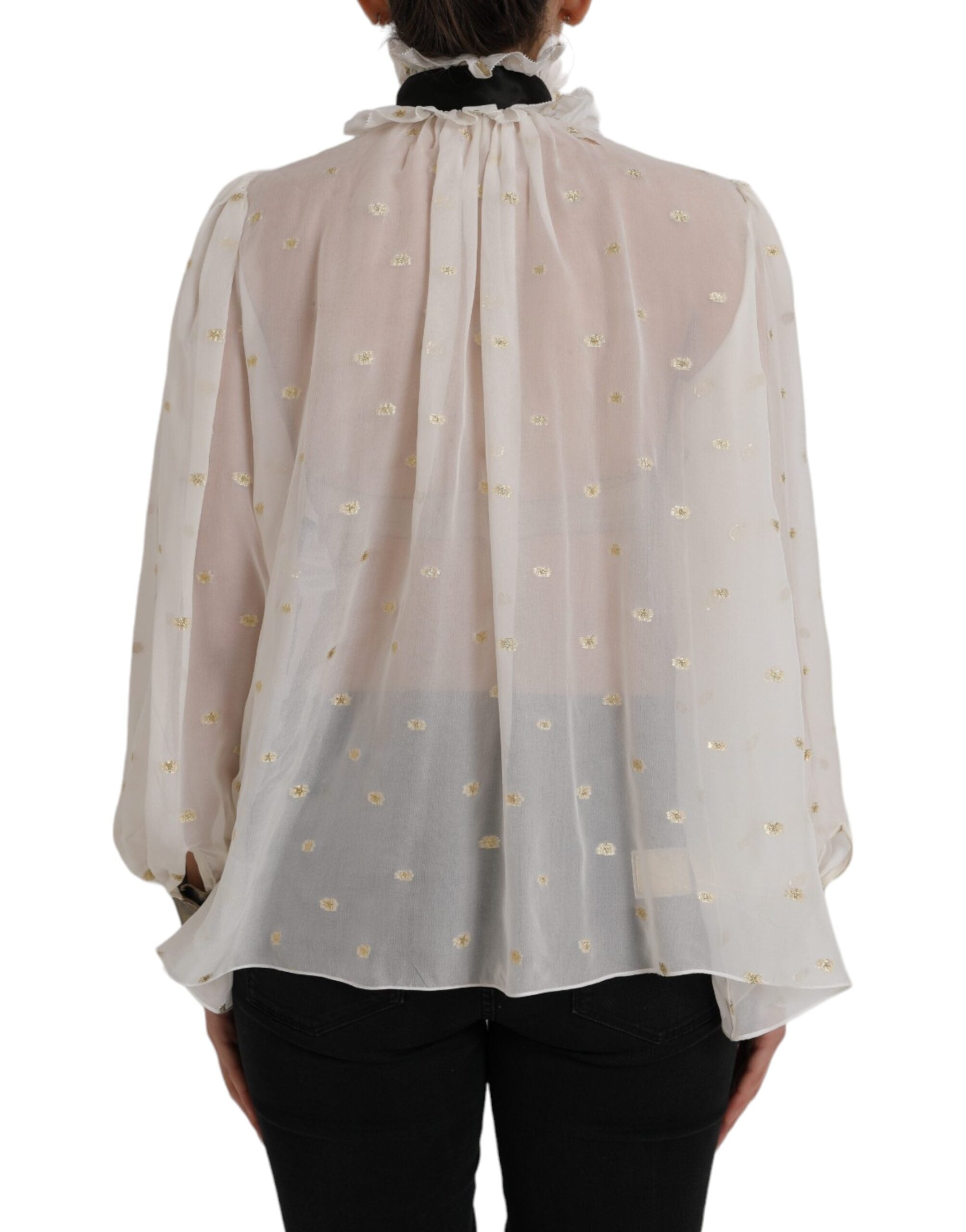 Dolce & Gabbana Off White Seidenmischung Ascot-Kragen Bluse Top
