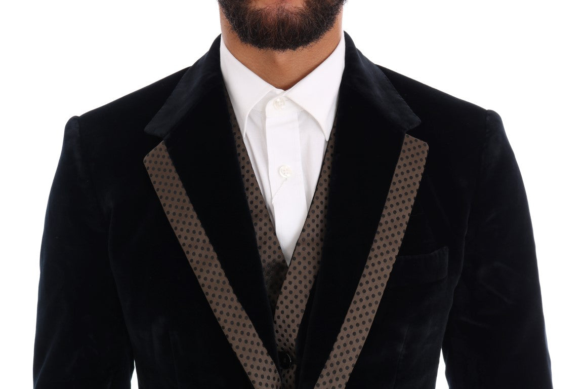 Dolce & Gabbana Blauer Samtanzug mit zwei Knöpfen, schlank, 3-teilig