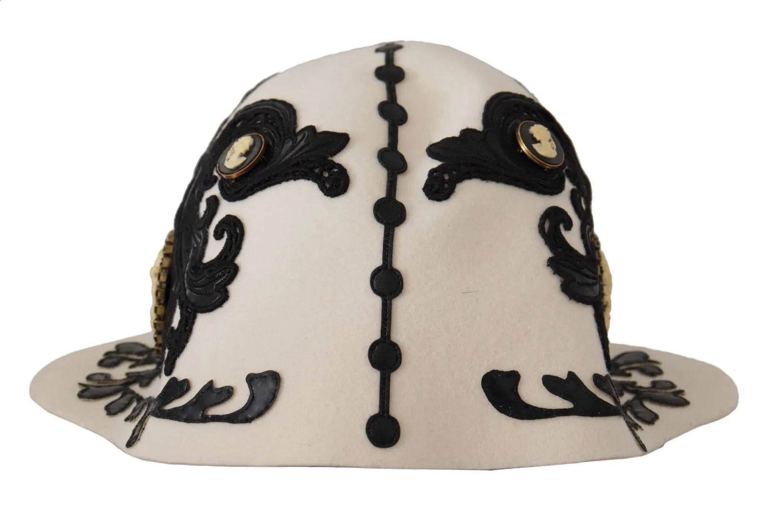 Dolce & Gabbana Weiß Schwarz Wolle Gesticktes Kamee Brosche Hut