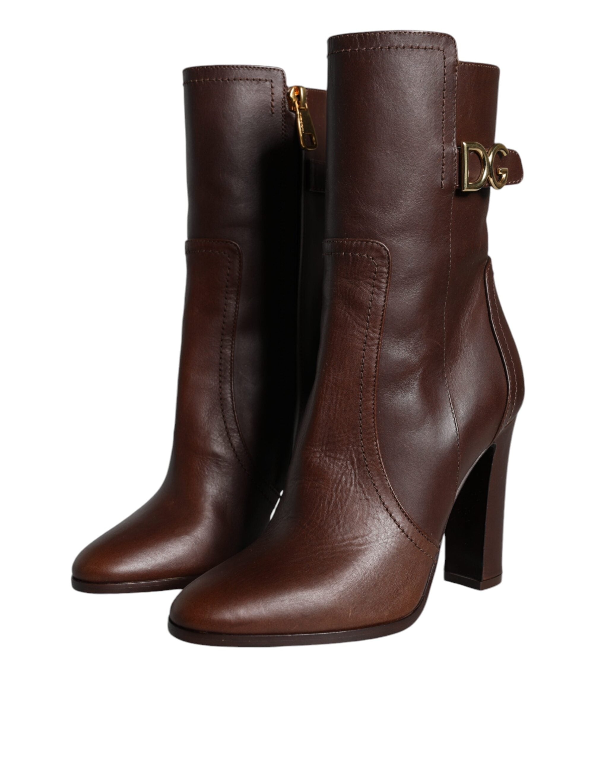 Dolce & Gabbana Braune Leder-Stiefeletten Mittelhohe Stiefel Schuhe