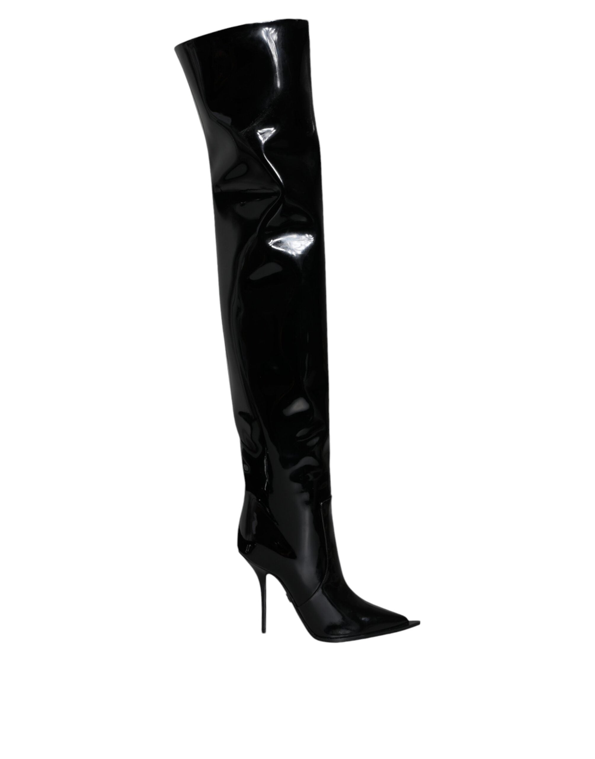 Dolce & Gabbana Schwarze Lackleder Kniehohe Stiefel Schuhe