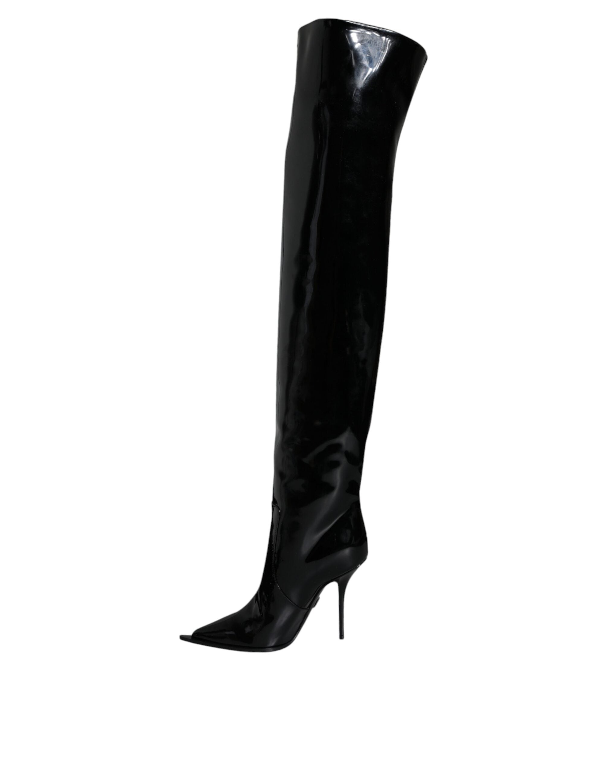 Dolce & Gabbana Schwarze Lackleder Kniehohe Stiefel Schuhe