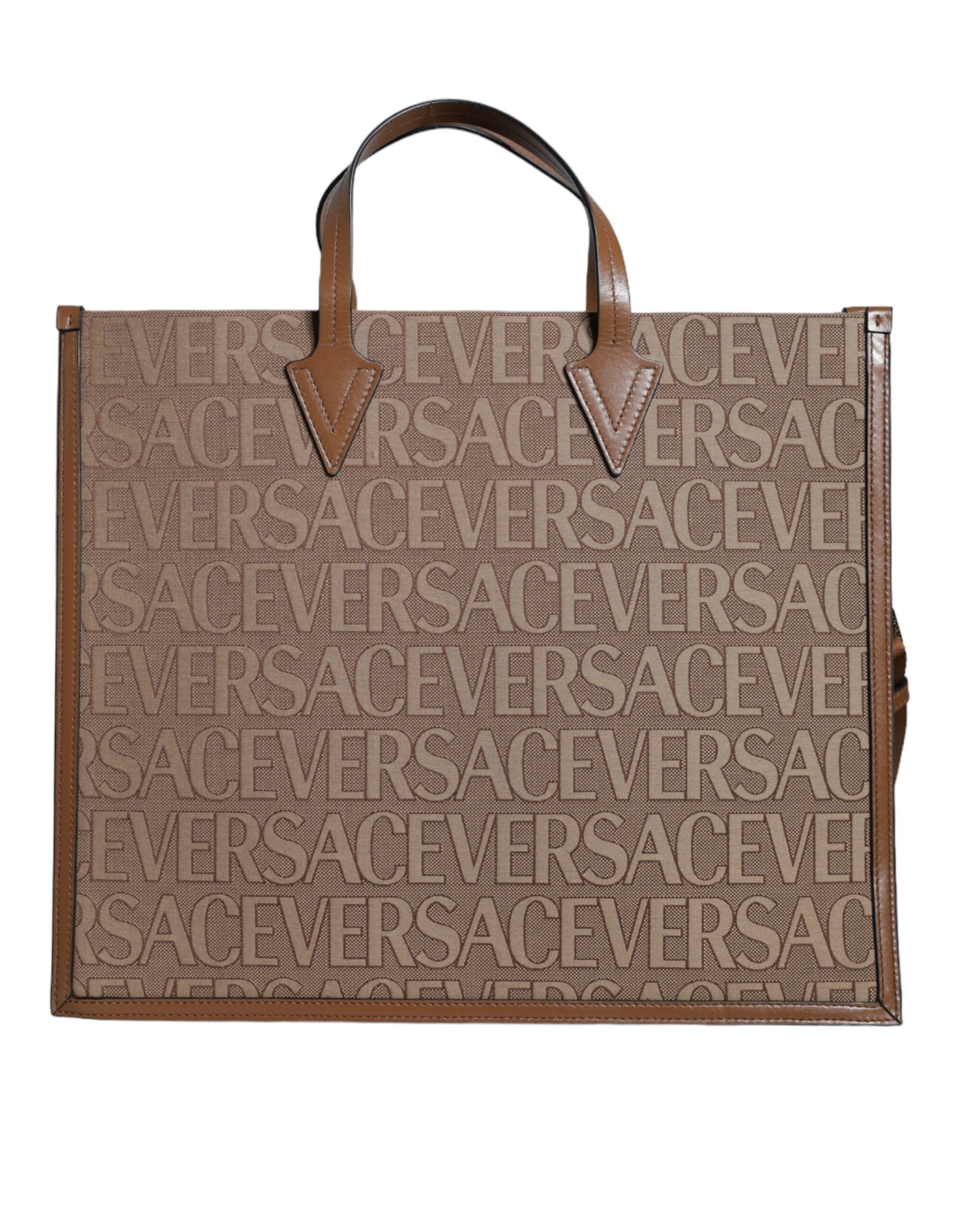 Versace Braune Jacquard-Leder-Logo-Crossbody-Tasche mit Obergriff