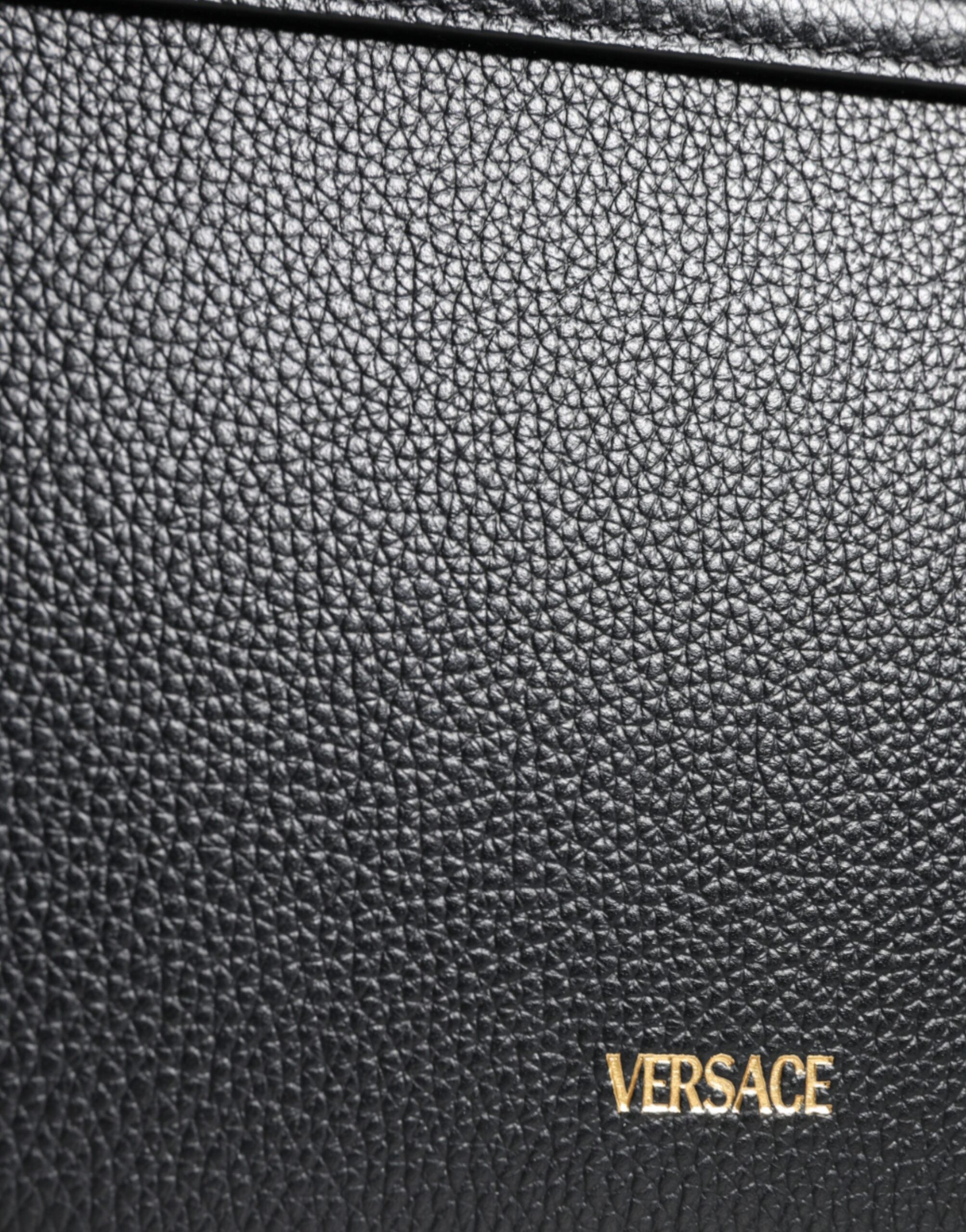 Versace Schwarze Umhängetasche aus genarbtem Kalbsleder mit Logo