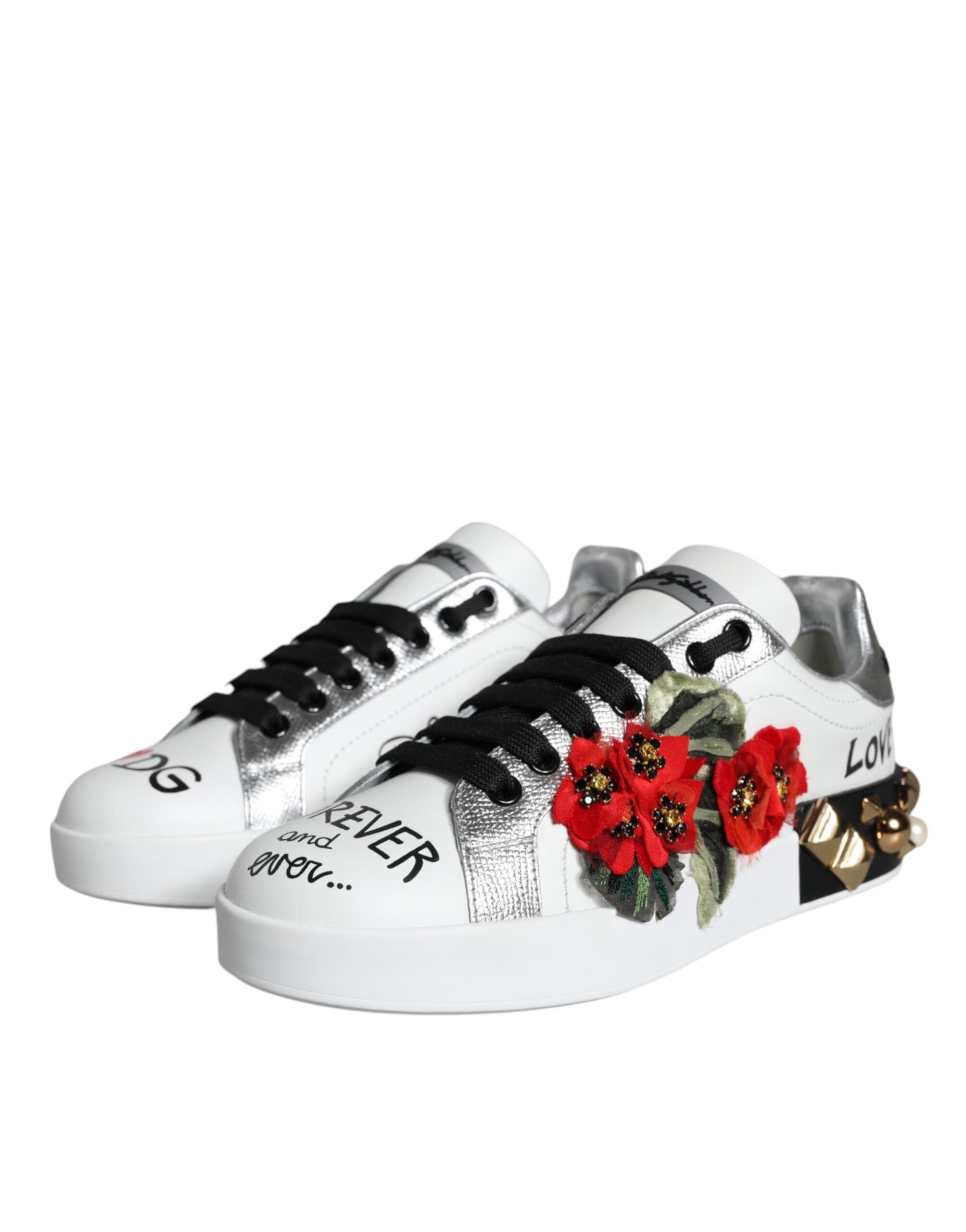 Dolce & Gabbana Weiße Leder-Sneaker mit Blumen-Applikationen und Nieten