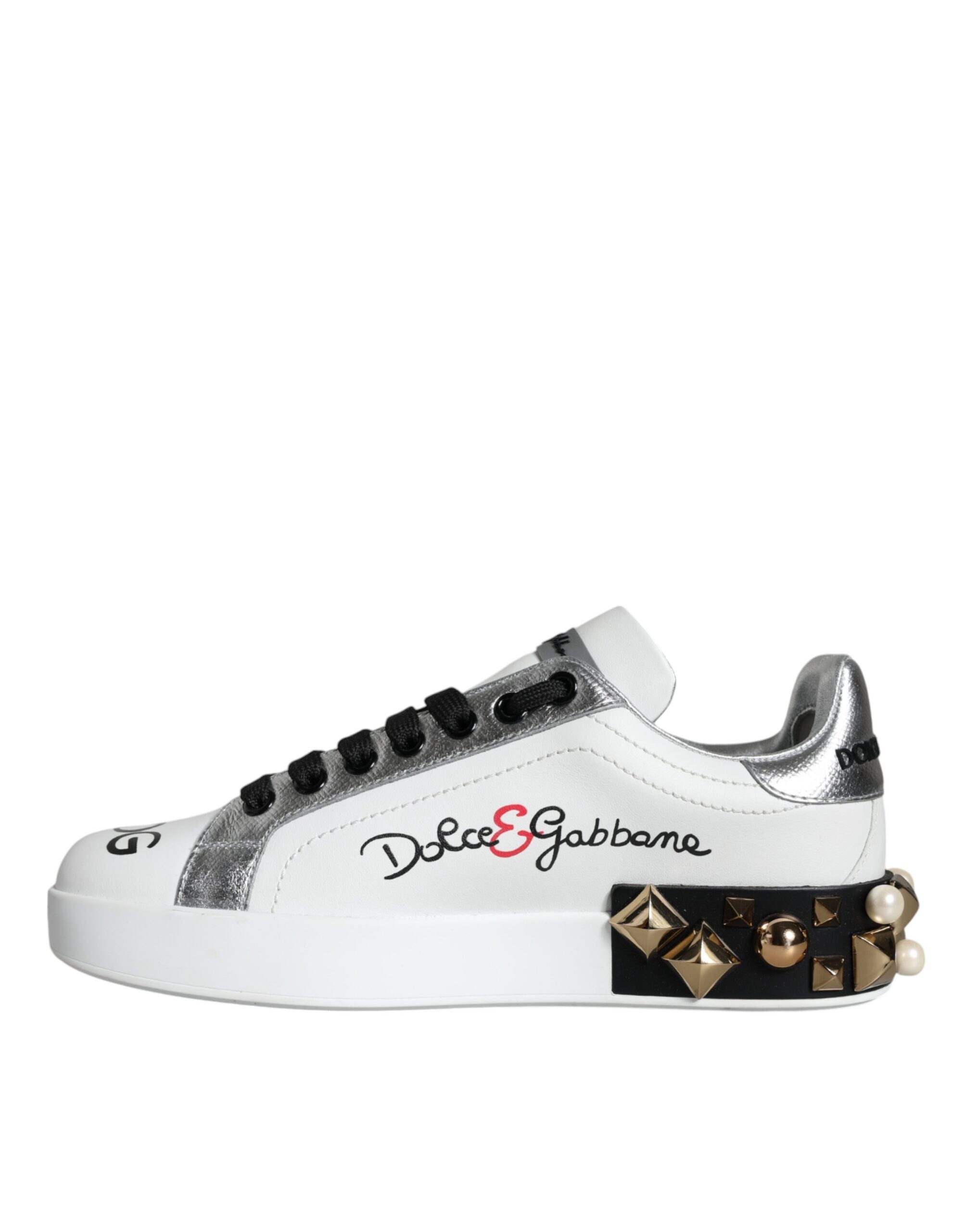 Dolce & Gabbana Weiße Leder-Sneaker mit Blumen-Applikationen und Nieten