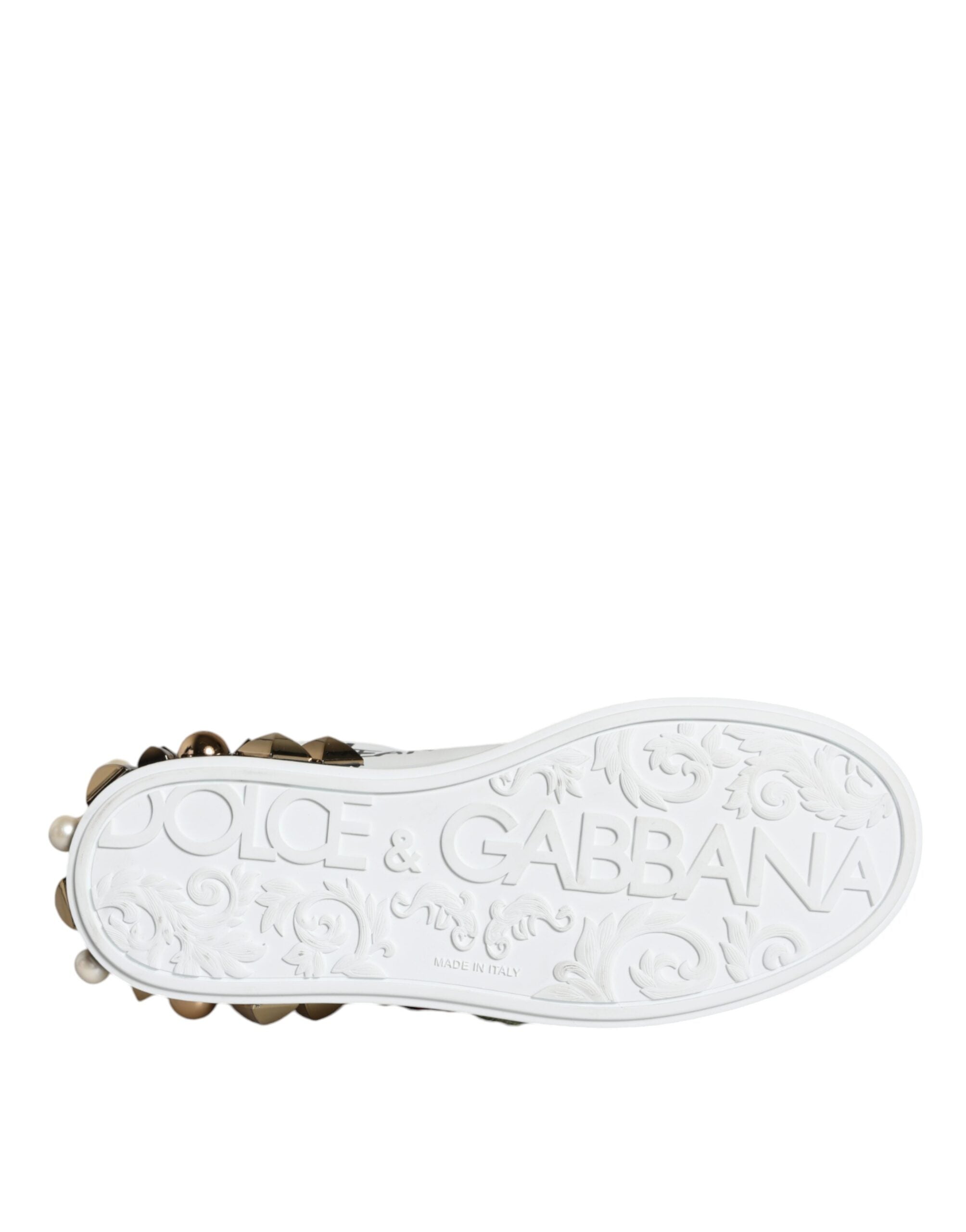 Dolce & Gabbana Weiße Leder-Sneaker mit Blumen-Applikationen und Nieten