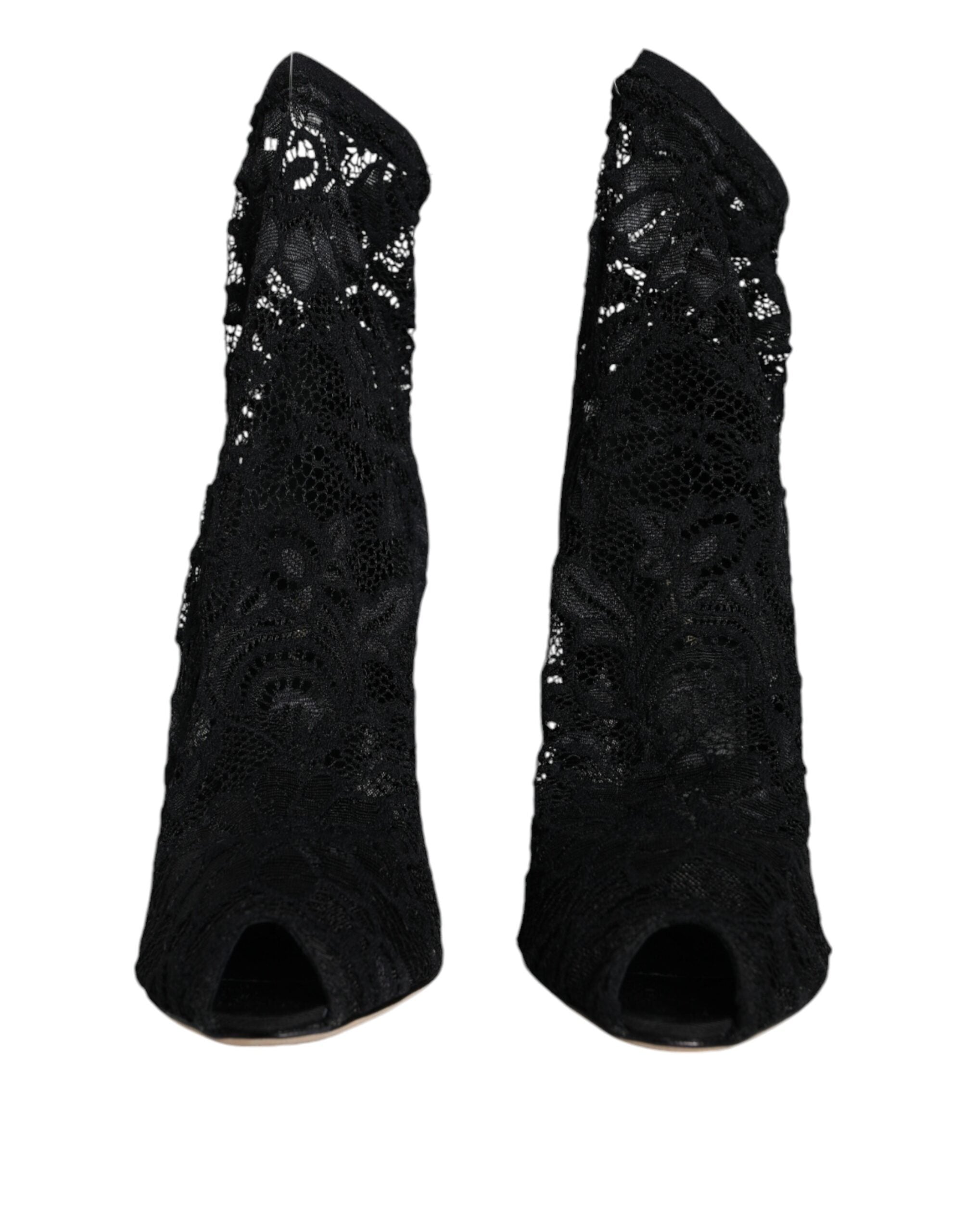 Dolce & Gabbana Schwarze Spitze Stretch Heels Mid Calf Stiefel Schuhe