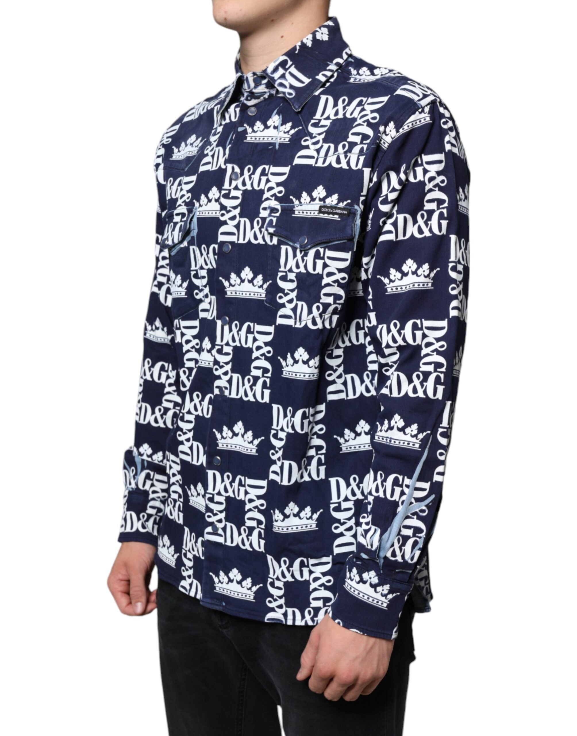 Dolce & Gabbana Blaue Krone Logo Print Slim Fit Baumwollhemd