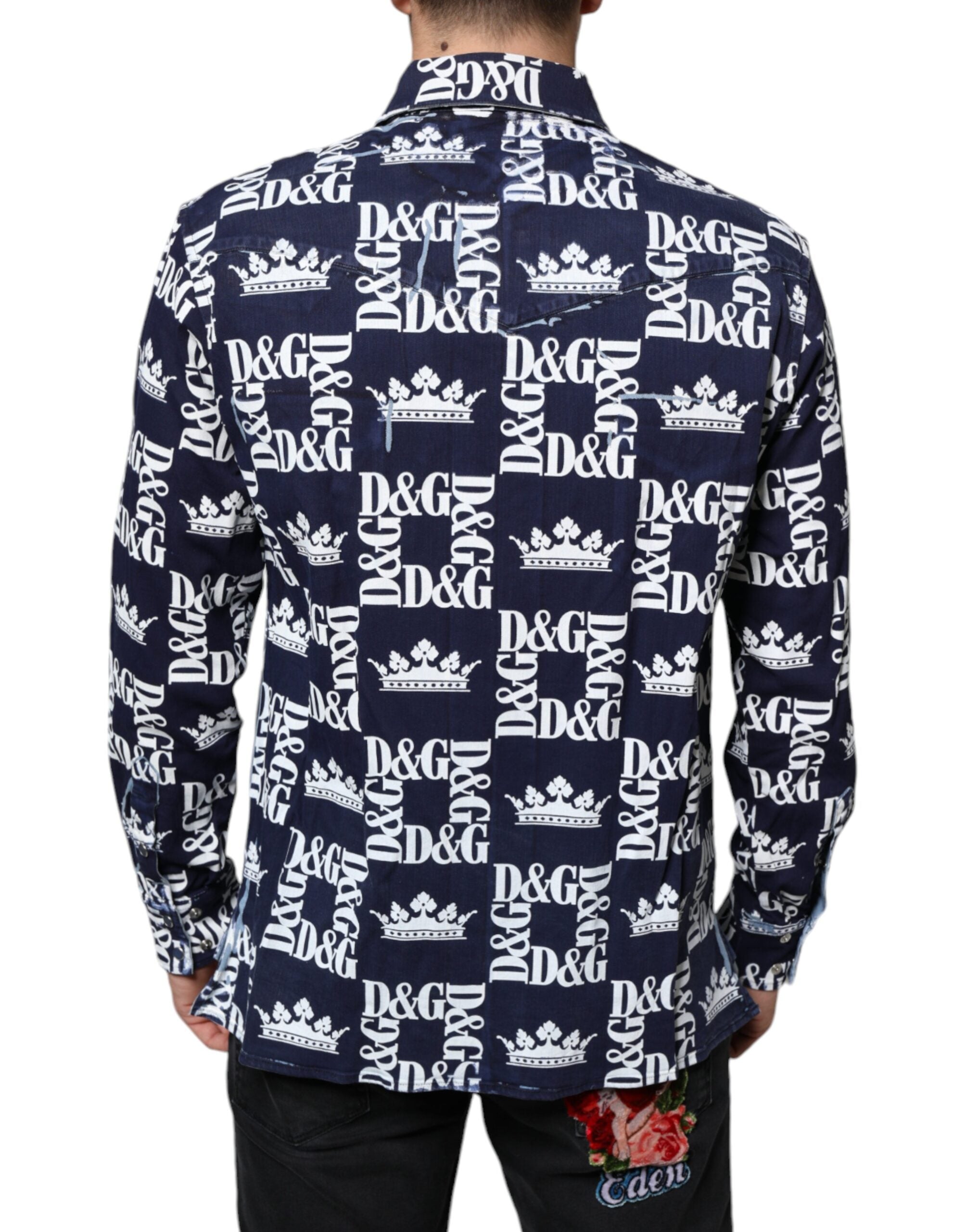 Dolce & Gabbana Blaue Krone Logo Print Slim Fit Baumwollhemd