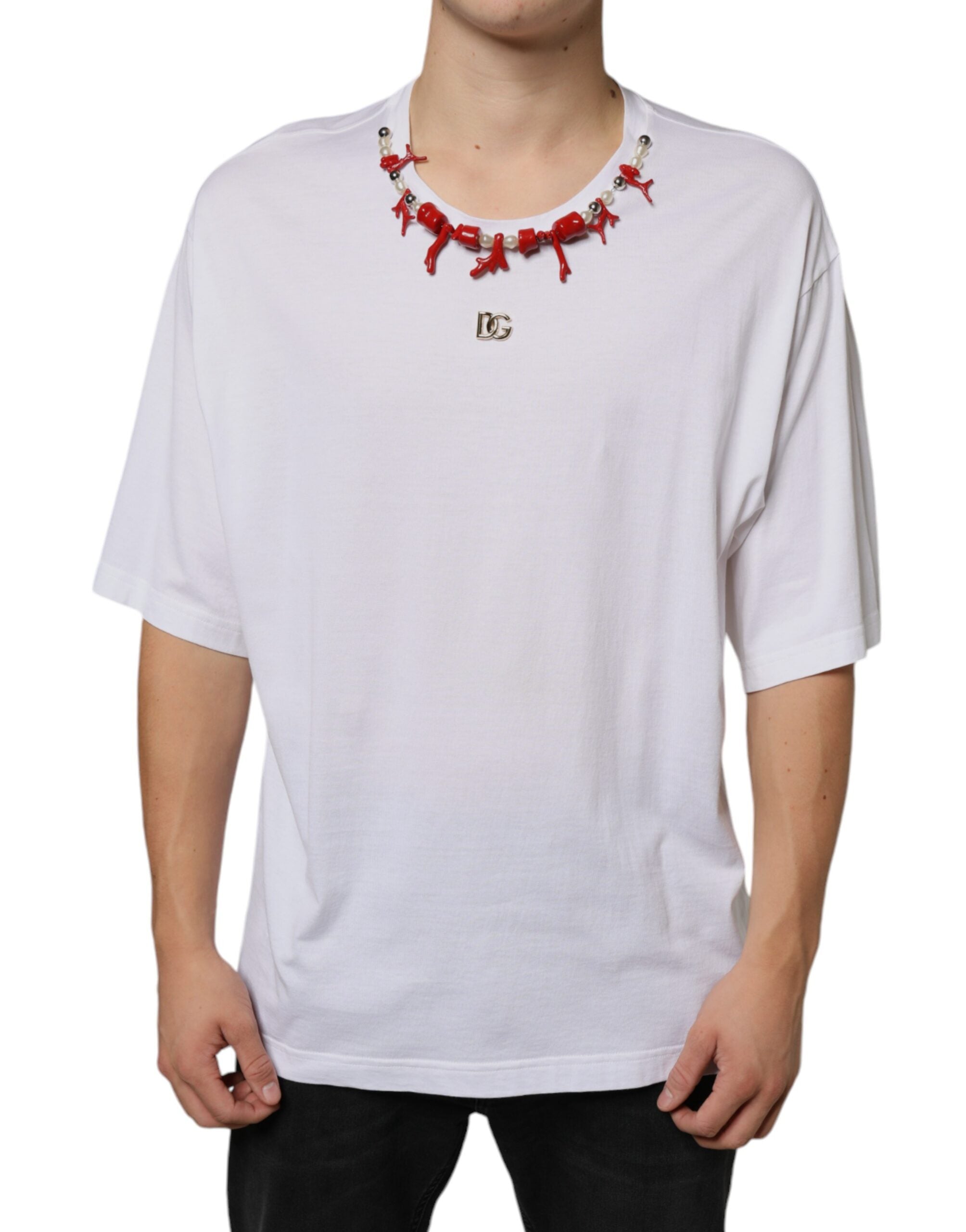 Dolce & Gabbana Weißes Baumwoll-T-Shirt mit Halsketten-Applikation