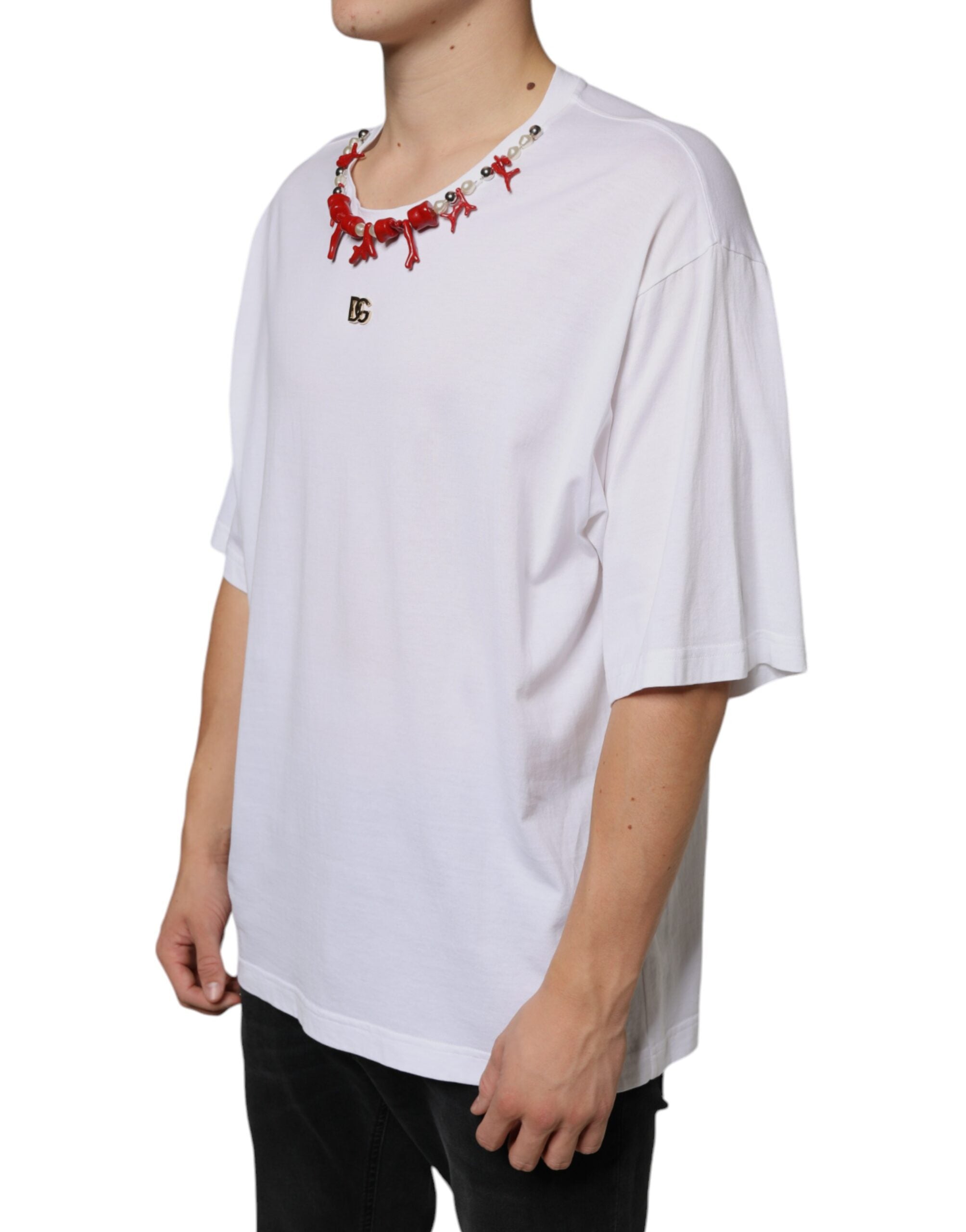 Dolce & Gabbana Weißes Baumwoll-T-Shirt mit Halsketten-Applikation