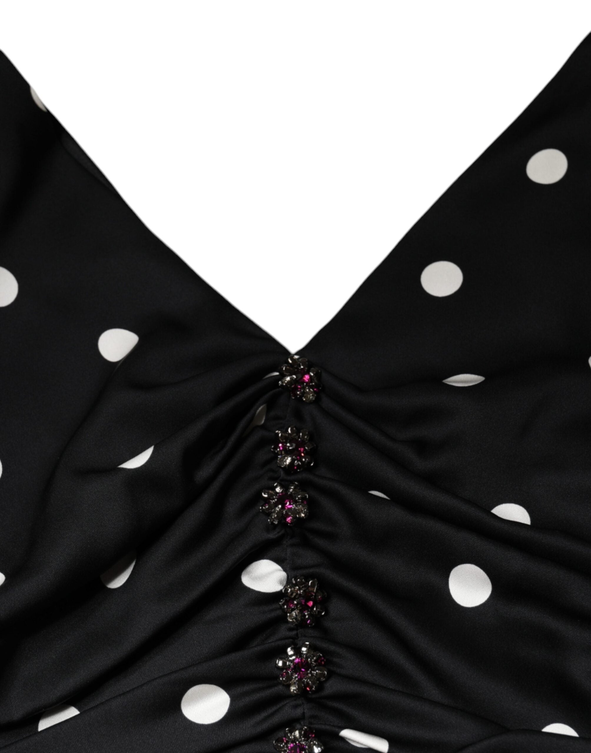Dolce & Gabbana Schwarzes gepunktetes Midikleid aus Seide mit V-Ausschnitt und Quasten