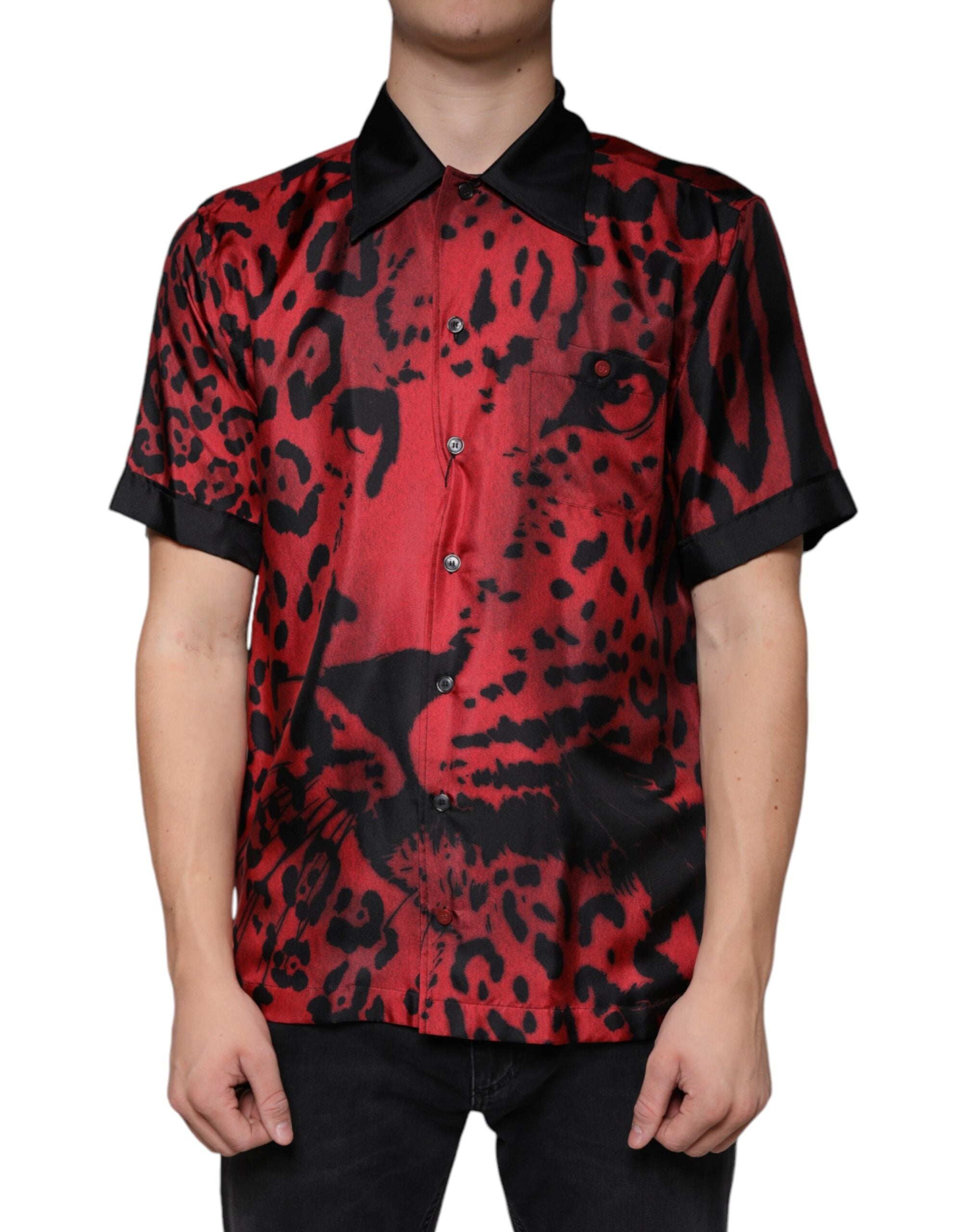 Dolce & Gabbana Rotes Leoparden-Seidenhemd mit Knopfleiste Freizeithemd