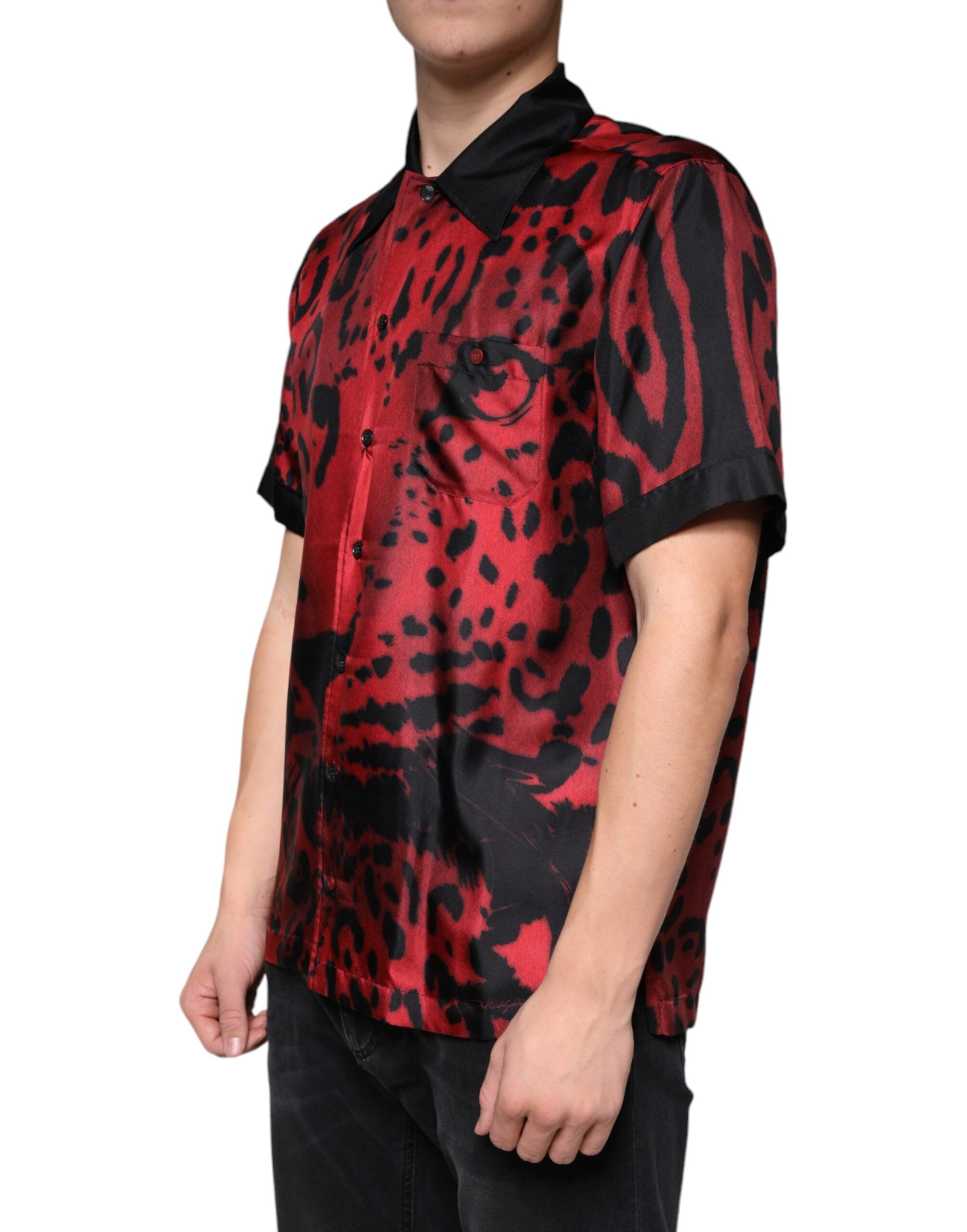 Dolce & Gabbana Rotes Leoparden-Seidenhemd mit Knopfleiste Freizeithemd