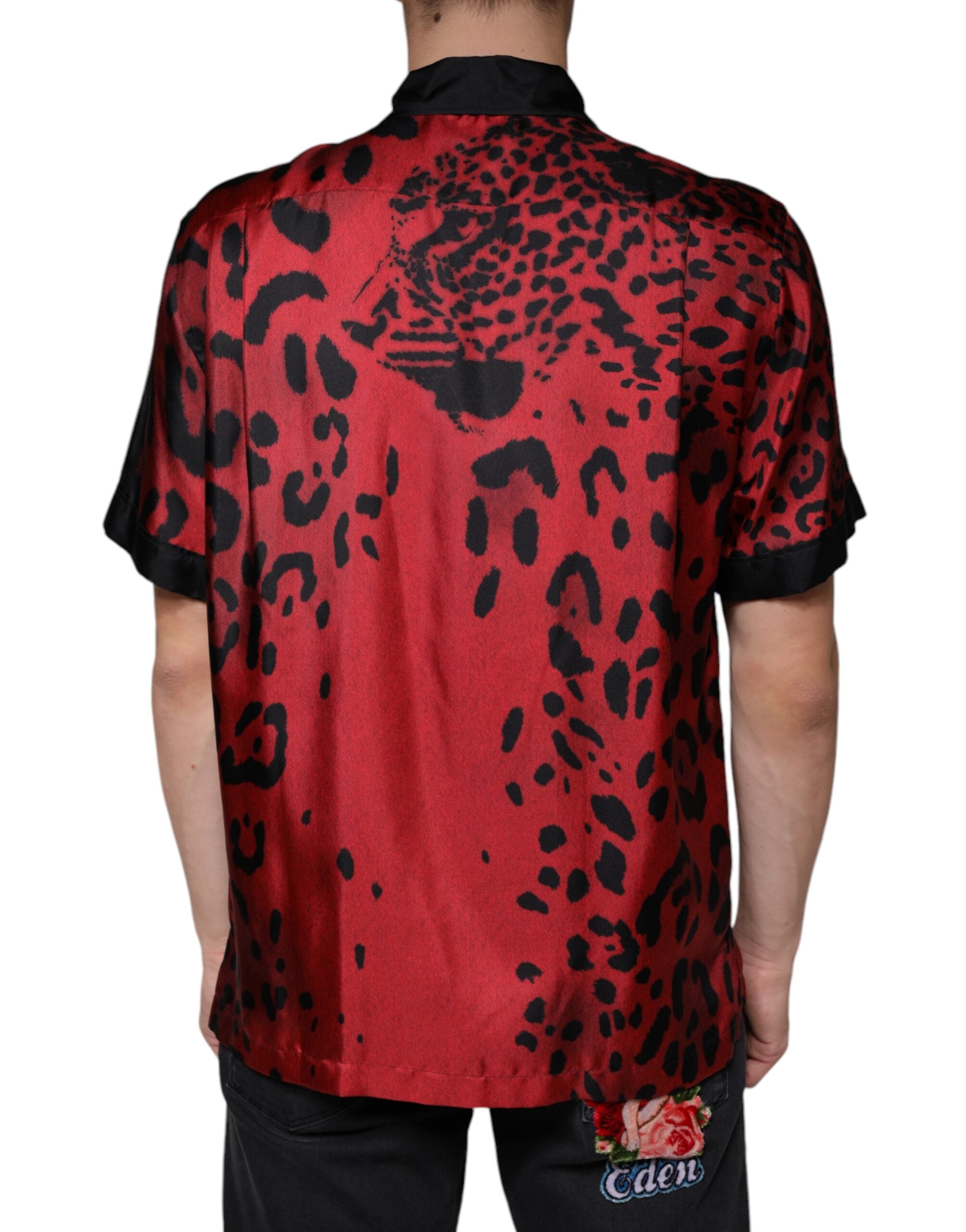 Dolce & Gabbana Rotes Leoparden-Seidenhemd mit Knopfleiste Freizeithemd