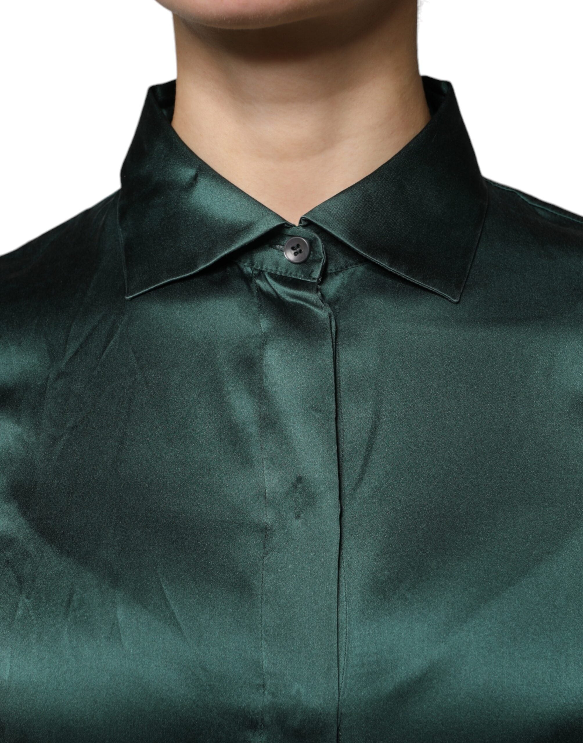 Dolce & Gabbana Dunkelgrünes Seidenblusentop mit langen Ärmeln und Knopfleiste