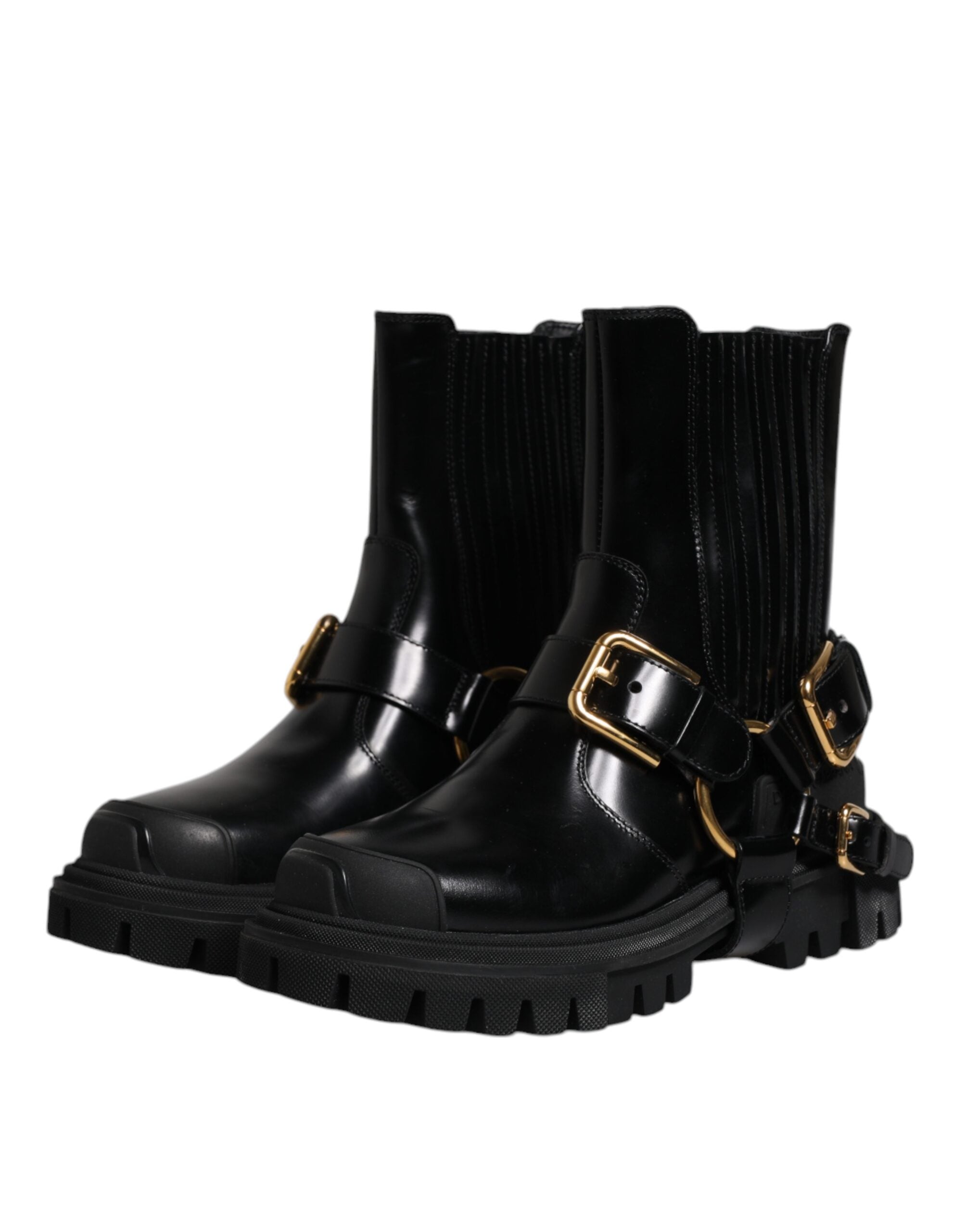 Dolce & Gabbana Schwarz Leder Slip On Stretch Trekking Stiefel Schuhe