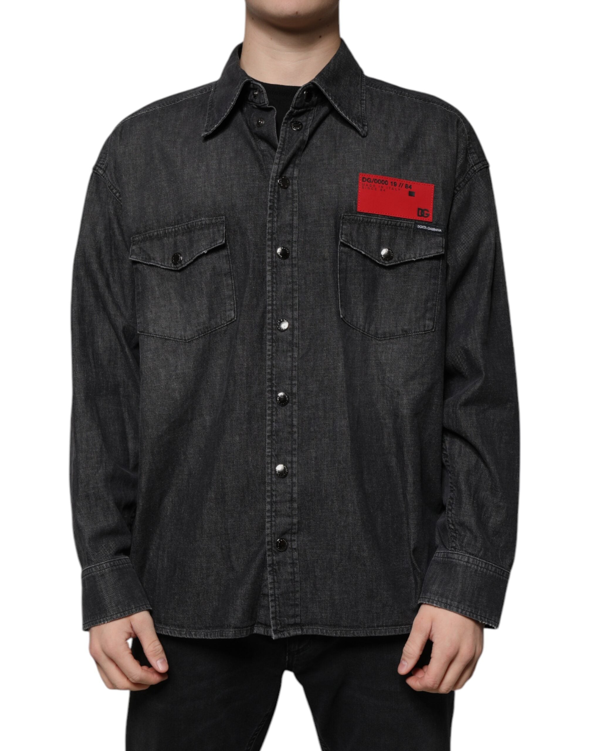 Dolce & Gabbana Schwarzes Logo-Baumwollhemd mit Knopfleiste aus Denim