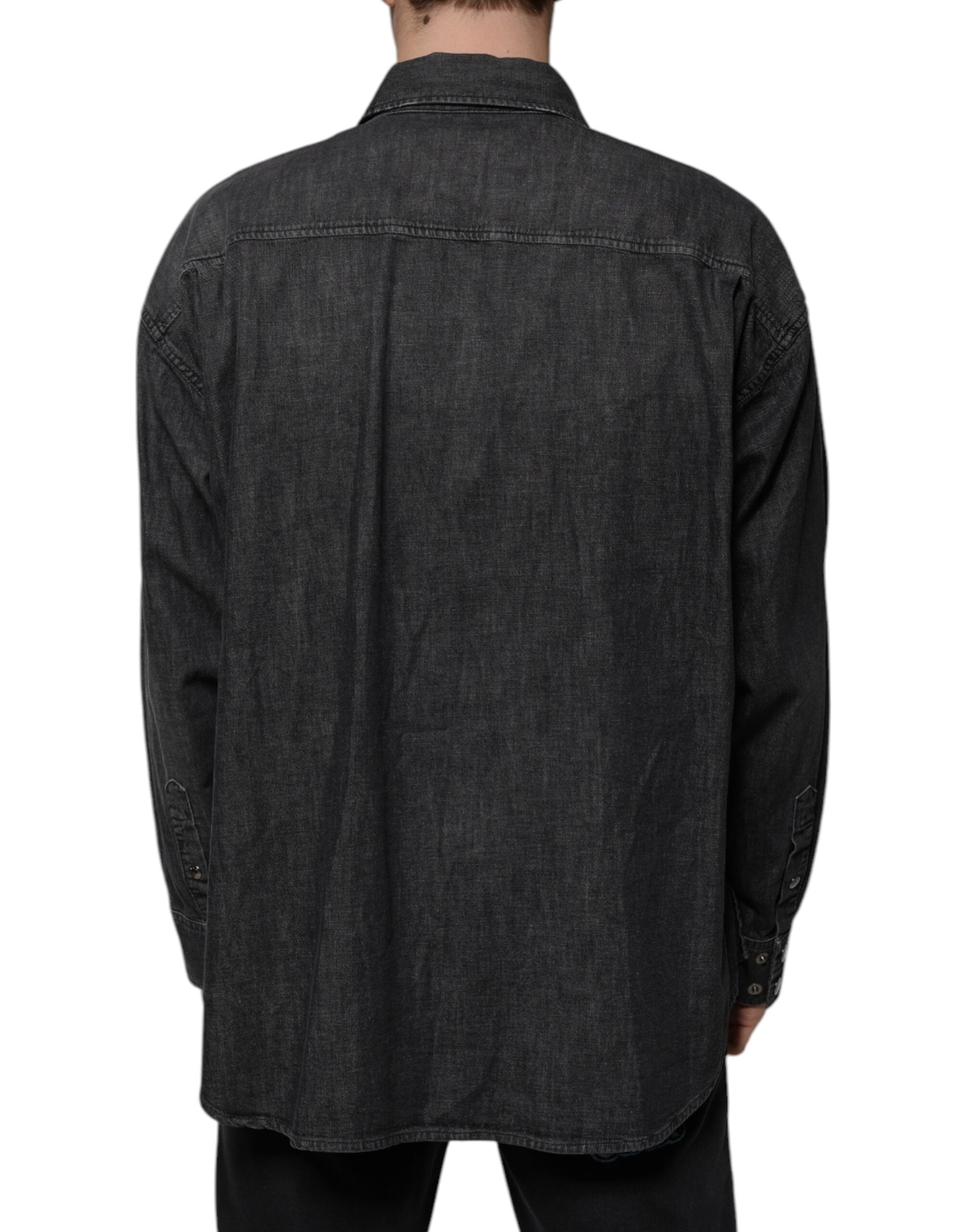 Dolce & Gabbana Schwarzes Logo-Baumwollhemd mit Knopfleiste aus Denim