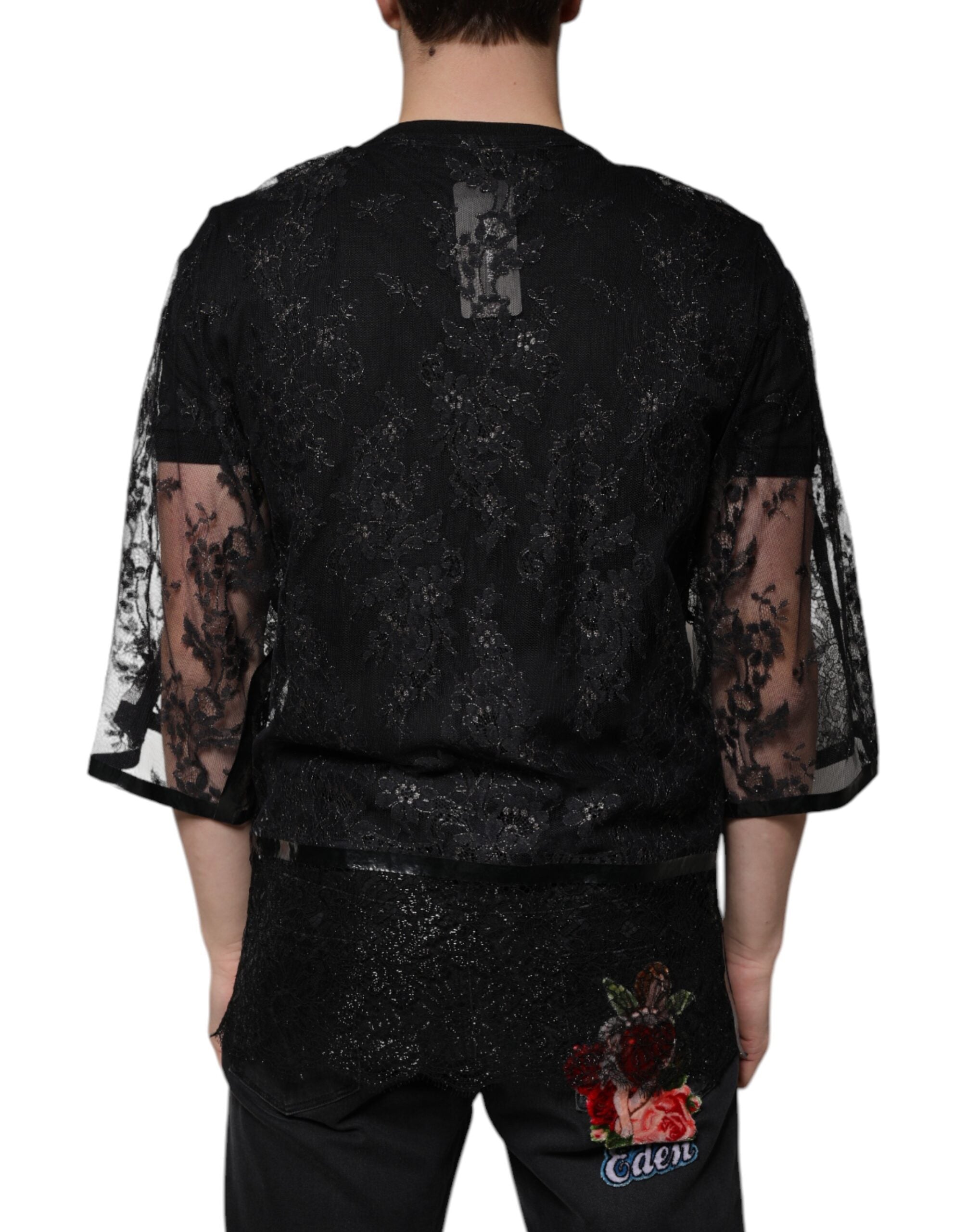 Dolce & Gabbana Schwarzes Nylon T-Shirt mit geblümter Spitze und Rundhalsausschnitt