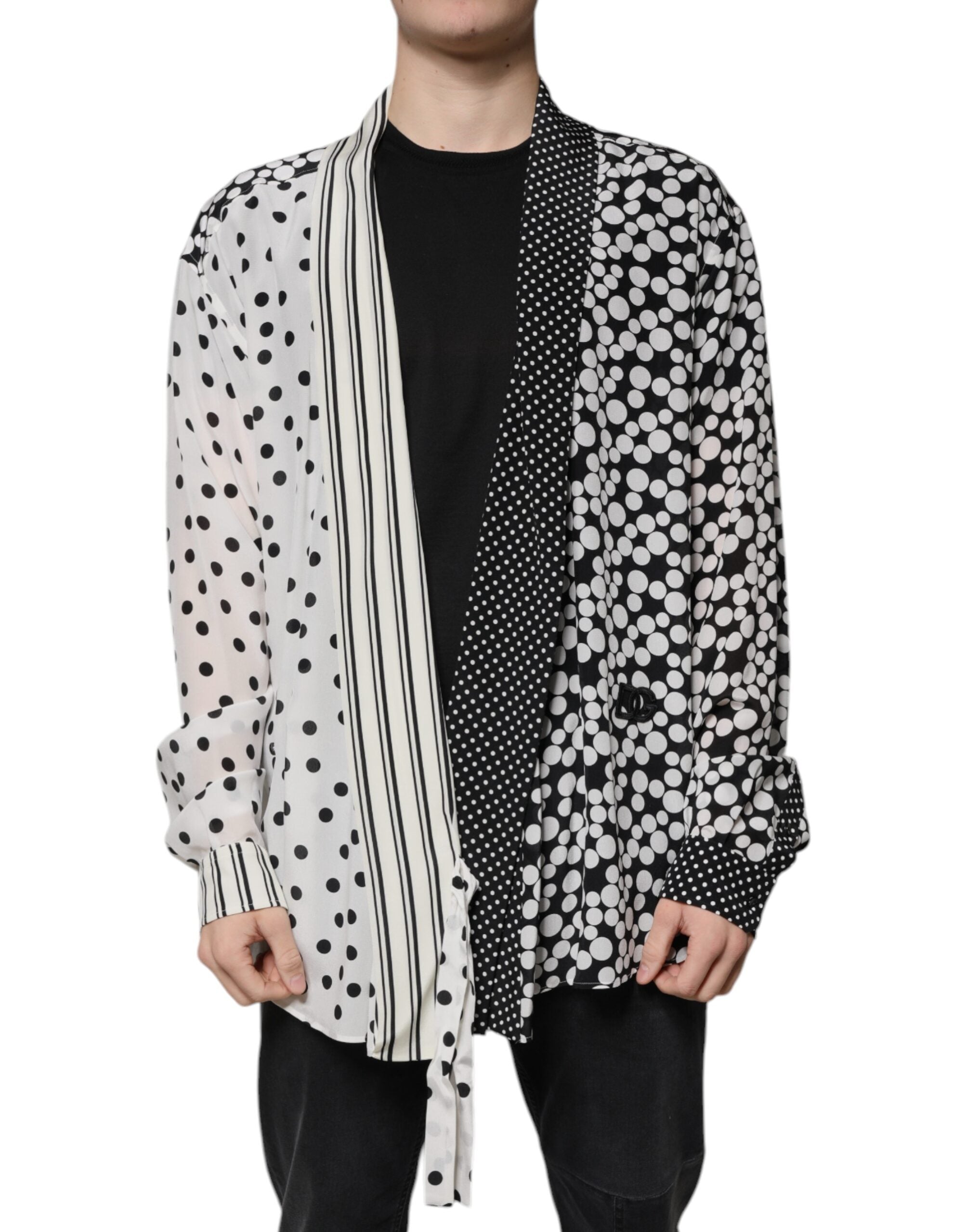 Dolce & Gabbana Schwarz Weiß Polka Dots Seide Männer Freizeithemd