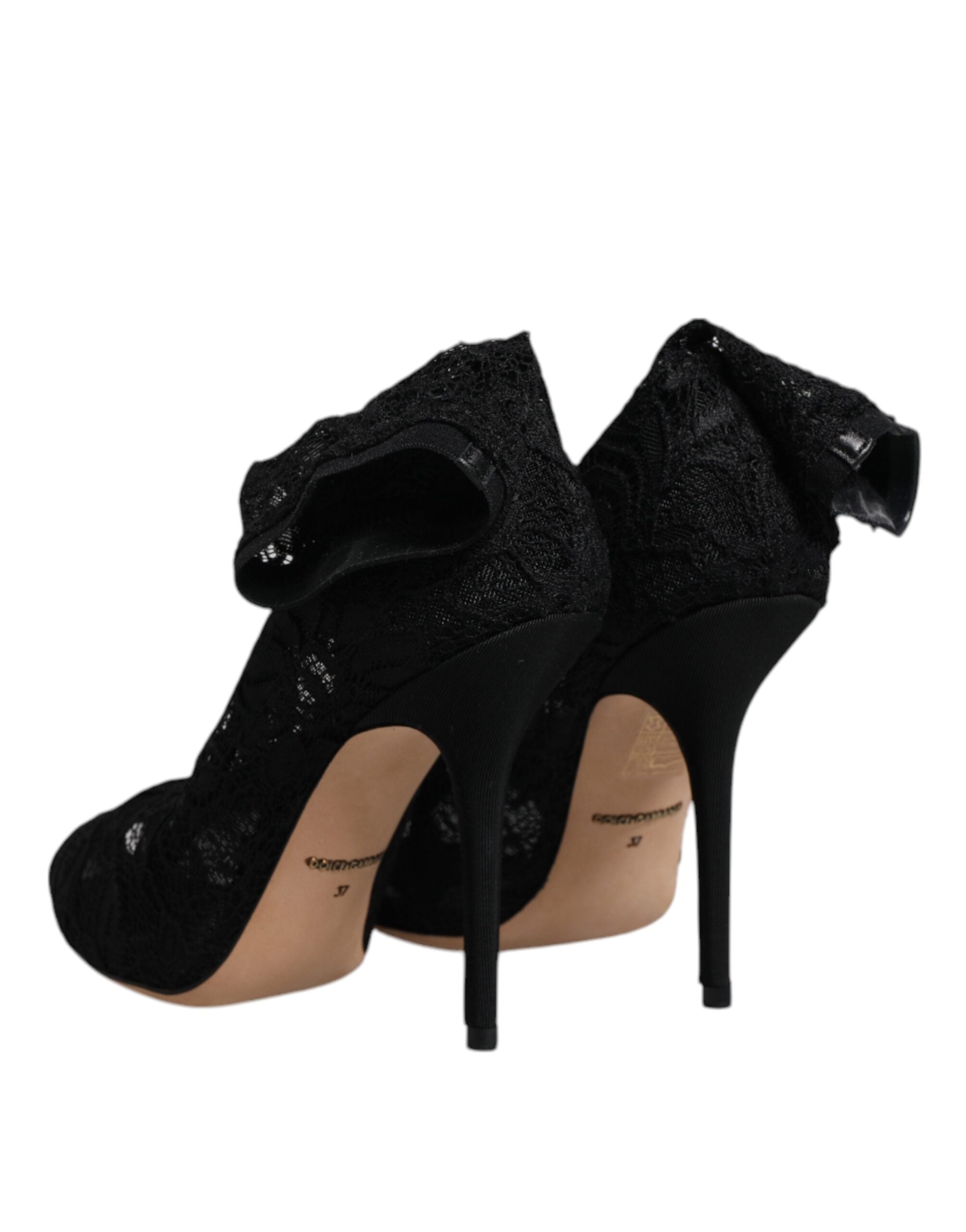 Dolce & Gabbana Schwarze Spitze Stretch Heels Mittlere Wadenstiefel Schuhe