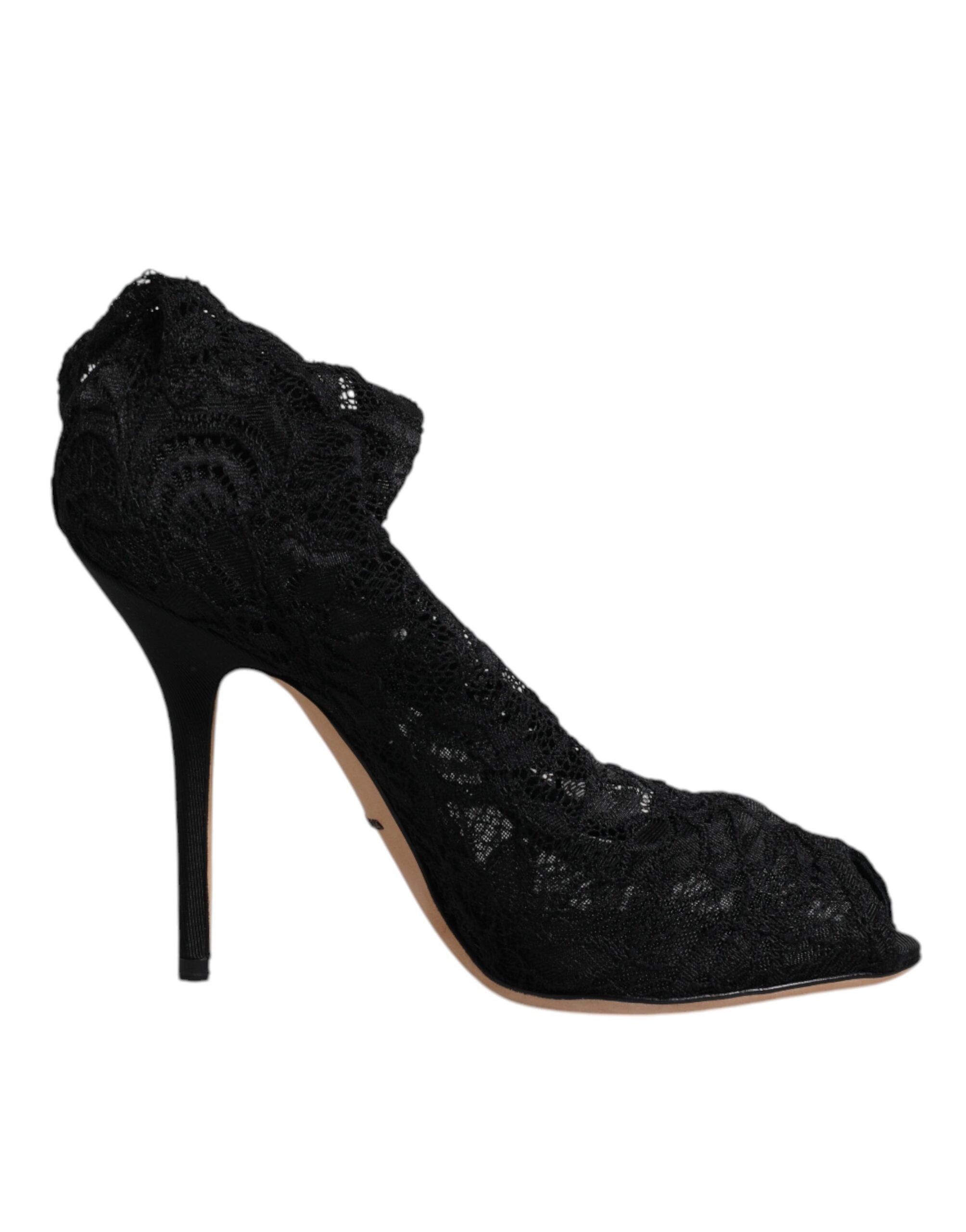 Dolce & Gabbana Schwarze Spitze Stretch Heels Mittlere Wadenstiefel Schuhe
