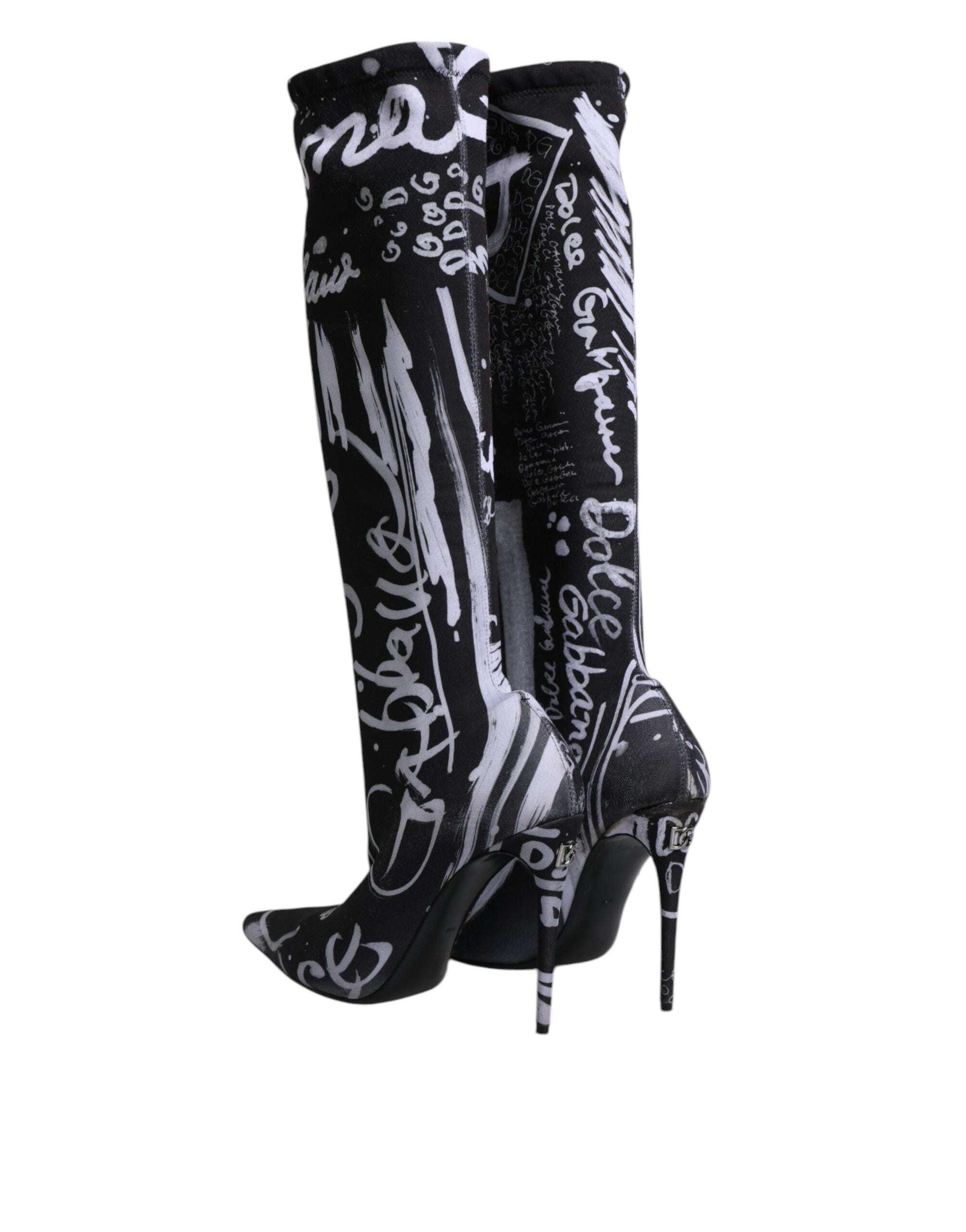 Dolce & Gabbana Schwarz Logo Stretch Heels Hohe Stiefel Schuhe