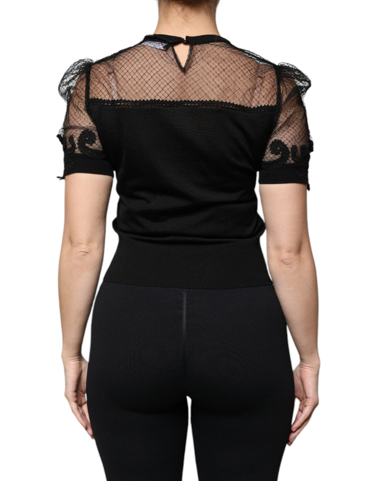 Dolce & Gabbana Schwarzes Blusentop mit floraler Spitze und kurzen Ärmeln