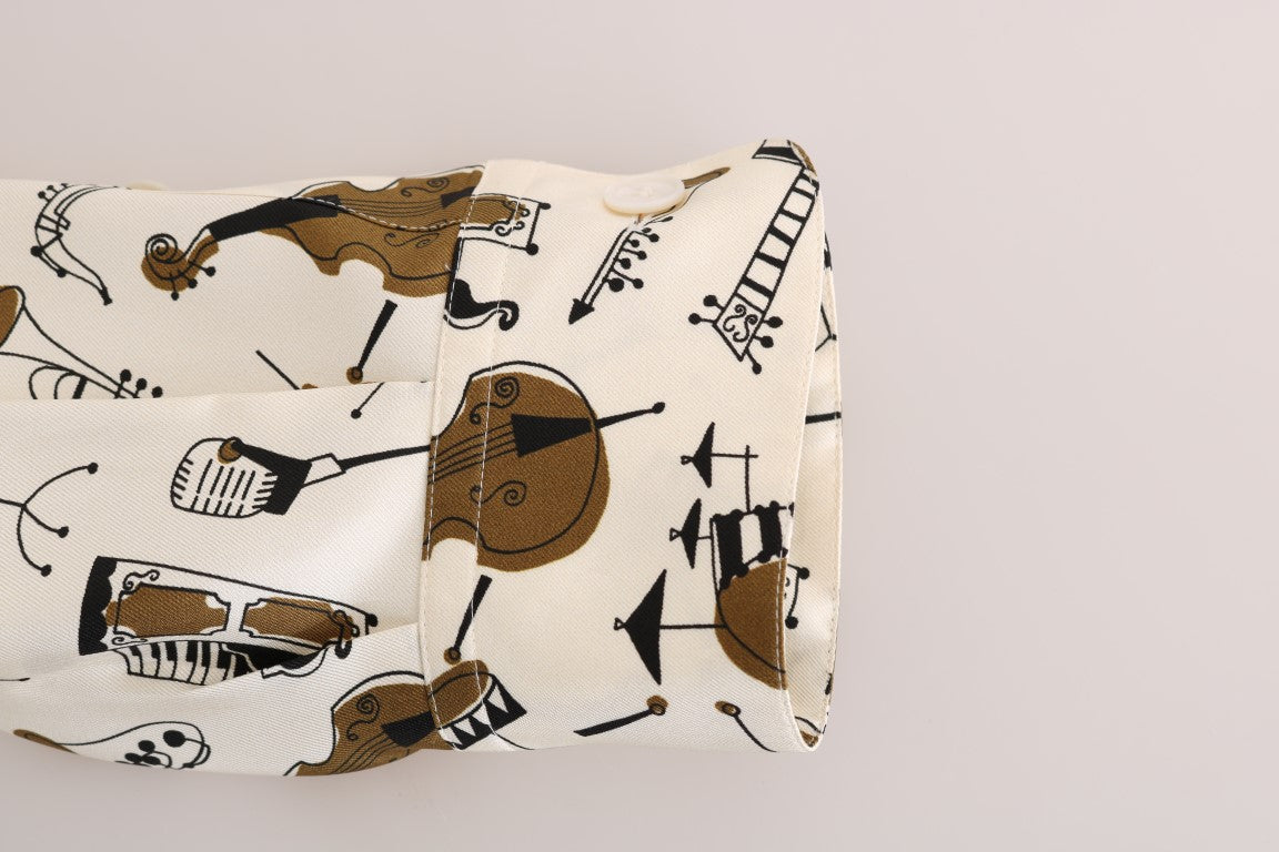 Dolce & Gabbana Weißes Seidenhemd mit JAZZ-Motivdruck
