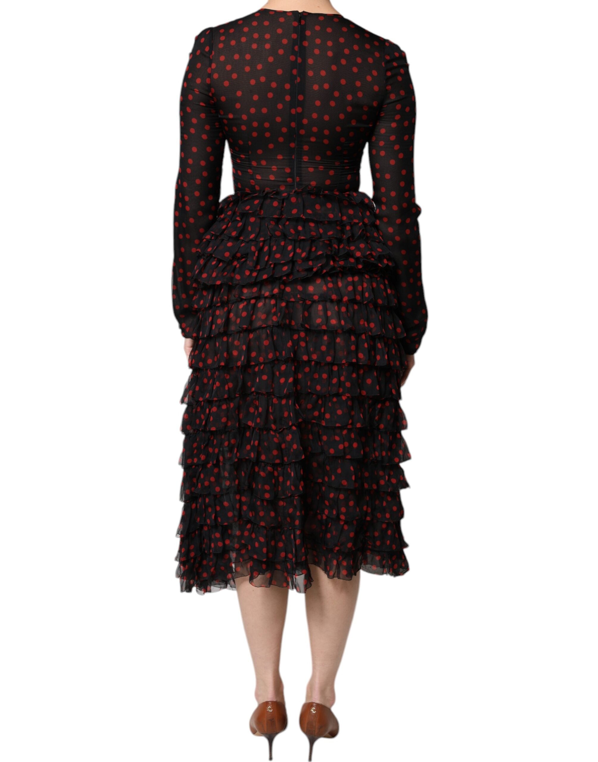 Dolce & Gabbana Schwarz-rot gepunktetes Midikleid aus Seide in Lagen