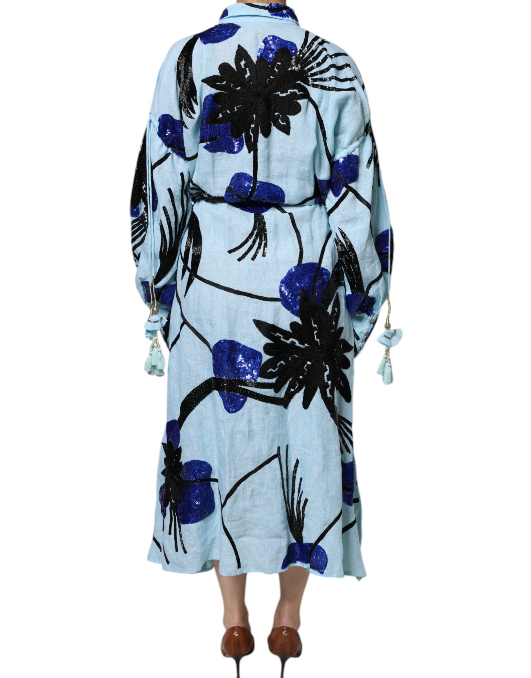 Christian Pellizzari Hellblaues Hemd-Maxikleid mit Blumenverzierung