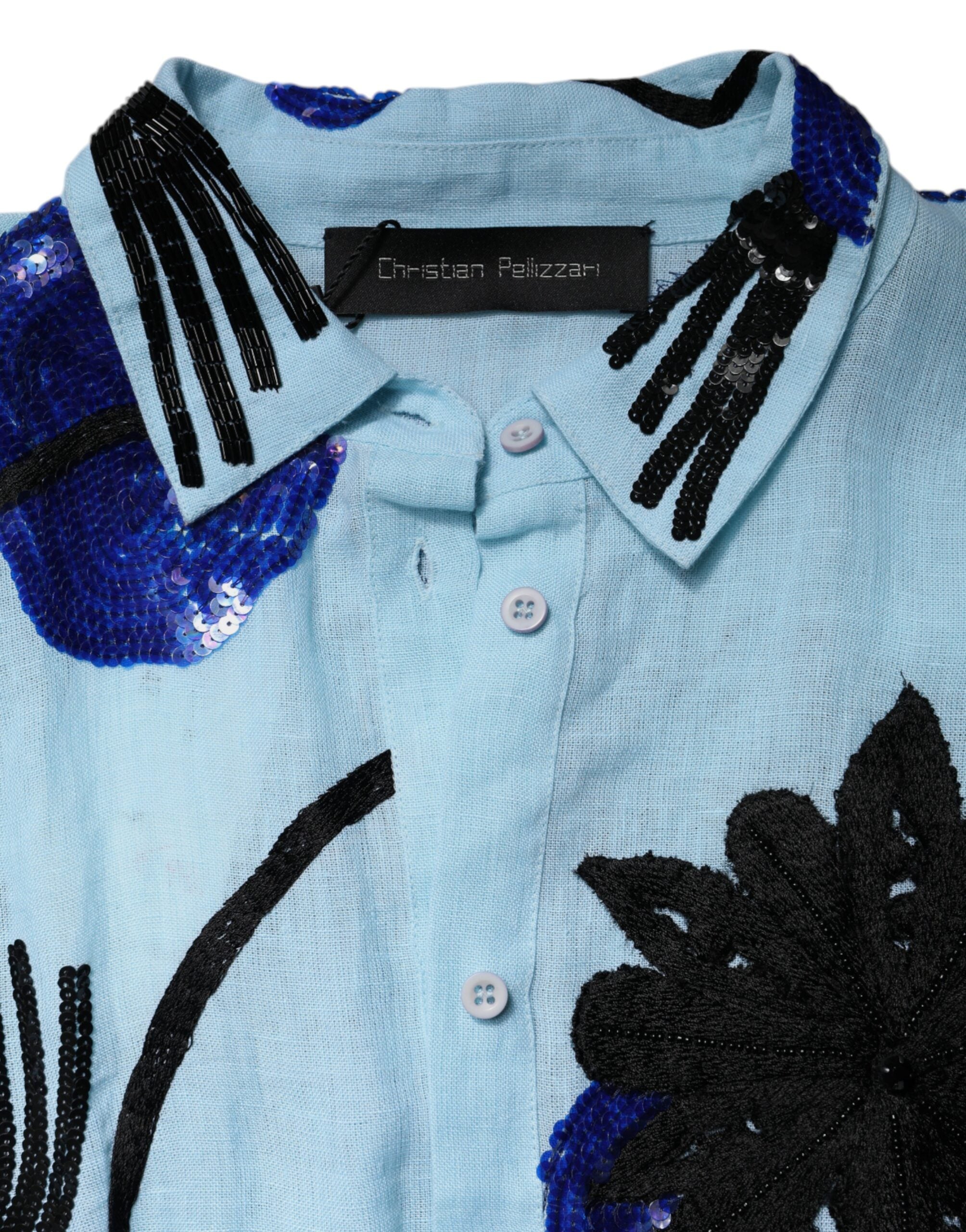 Christian Pellizzari Hellblaues Hemd-Maxikleid mit Blumenverzierung