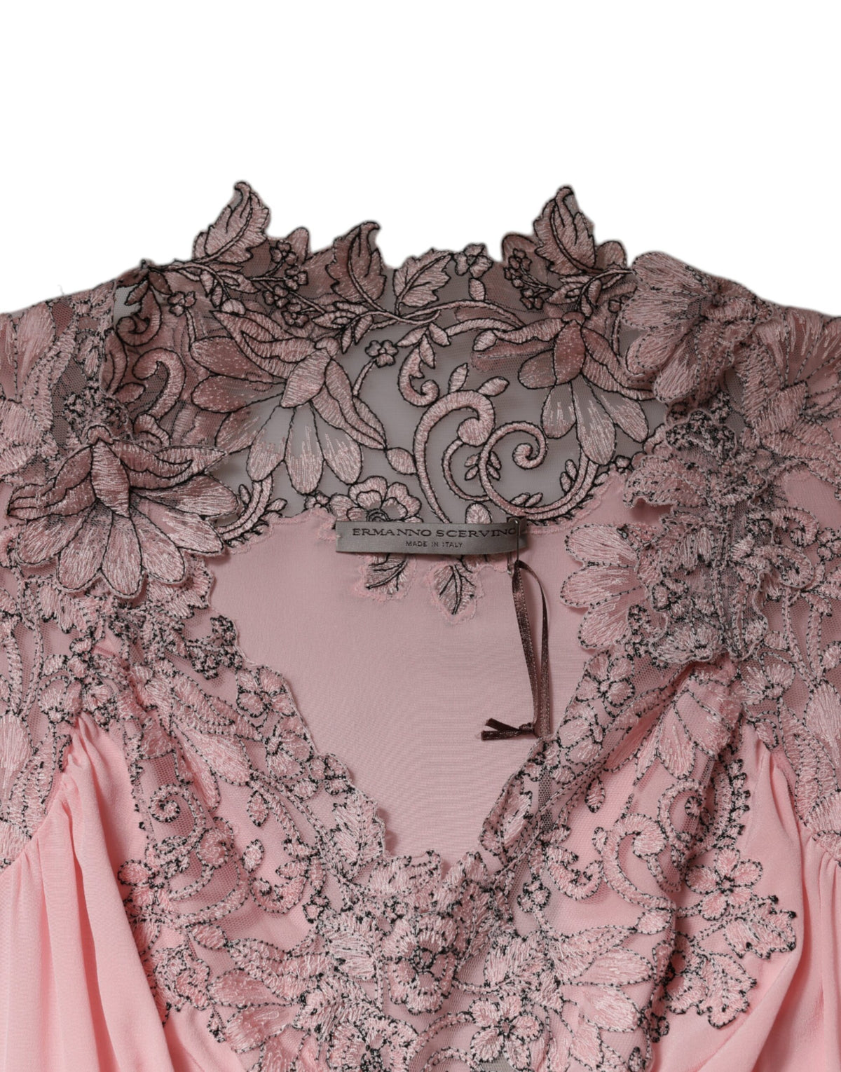 Ermanno Scervino Rosa geblümte Spitze mit kurzen Ärmeln und V-Ausschnitt Midikleid