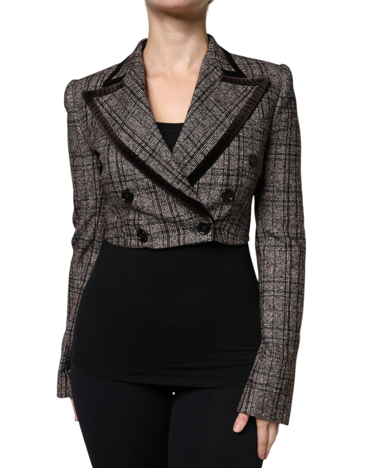 Dolce & Gabbana Brauner karierter Mantel mit langen Ärmeln und verkürzter Jacke