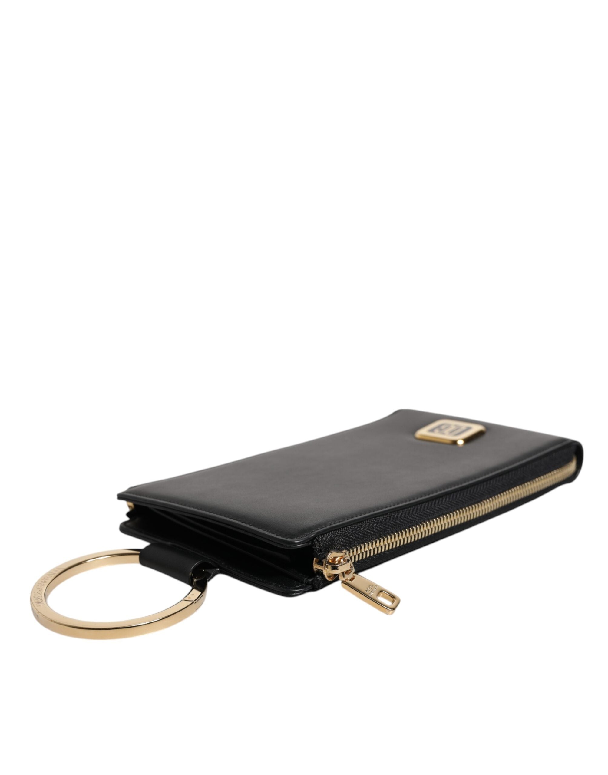 Dolce & Gabbana Schwarzes Leder Logo Plaque Halsband Karte Münze Brieftasche