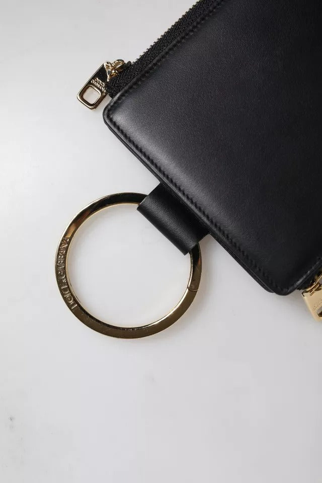 Dolce & Gabbana Schwarzes Leder Logo Plaque Halsband Karte Münze Brieftasche