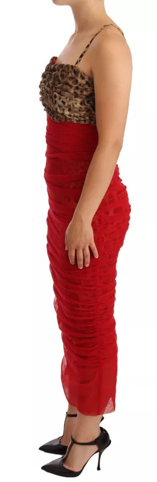 Dolce & Gabbana Braun Leopard Rot Tüll Etuikleid Midikleid
