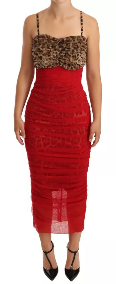 Dolce & Gabbana Braun Leopard Rot Tüll Etuikleid Midikleid
